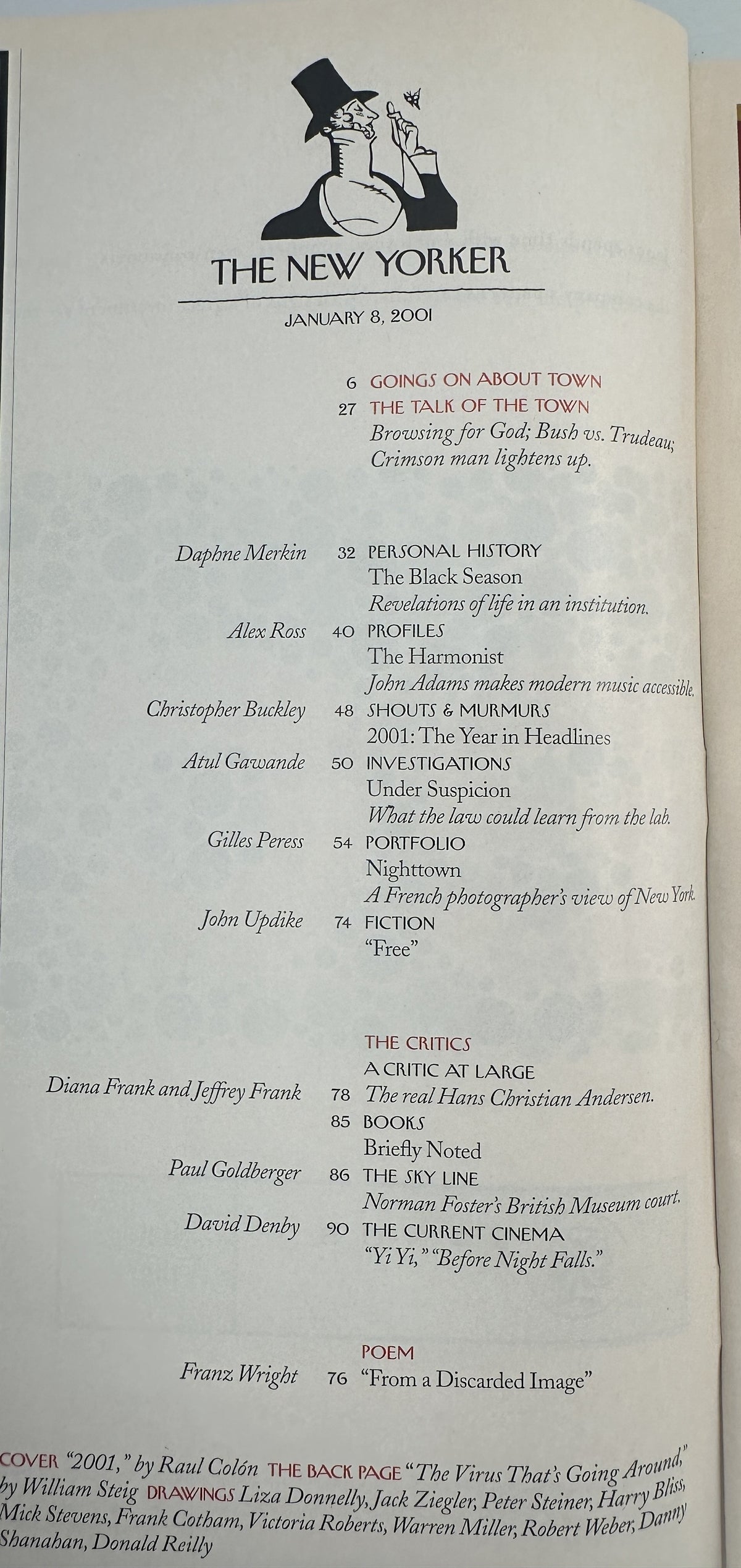 The New Yorker Magazine January 8, 2001 New Year Monolith Raul Colón Cover, interior table of contents page listing articles, fiction, poetry, criticism, drawings, and the Raul Colón cover illustration.