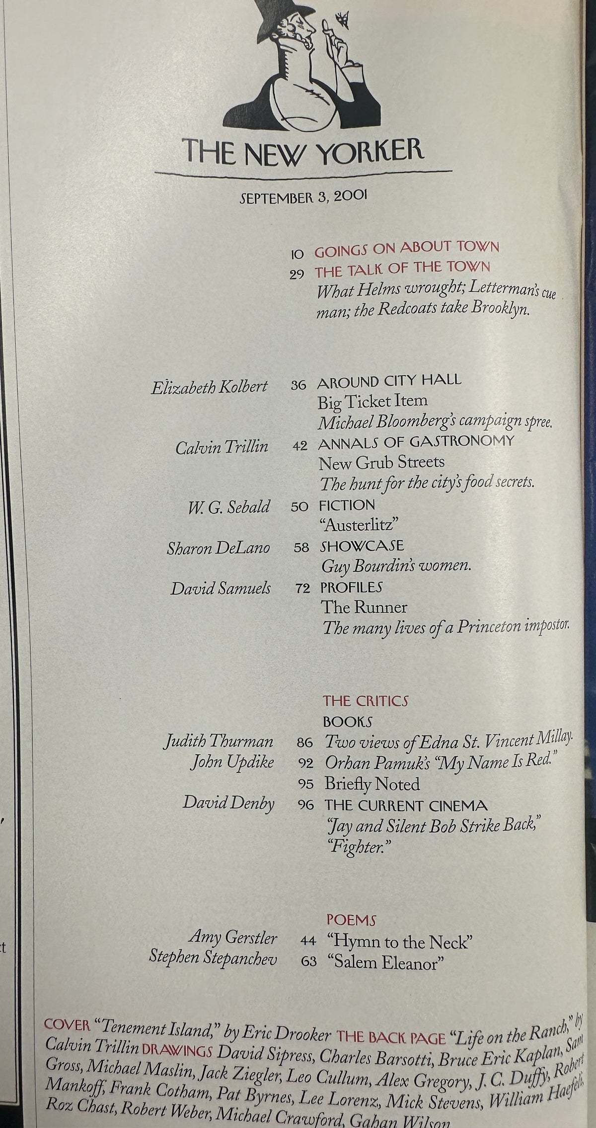 The New Yorker Magazine September 3, 2001 Island Sunset Eric Drooker Cover, interior table of contents page listing articles, fiction, poems, reviews, and illustrations.