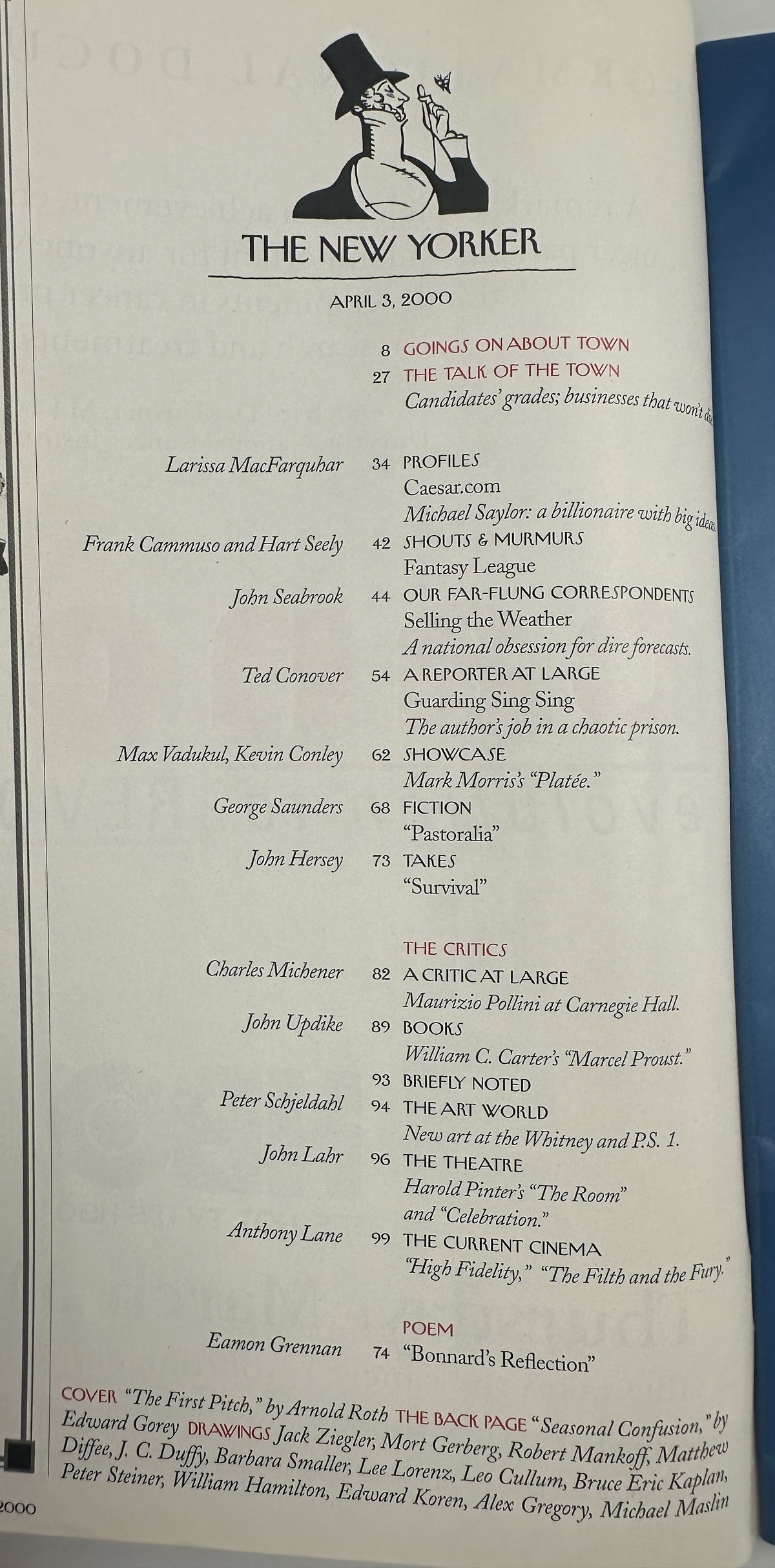 The New Yorker Magazine April 3, 2000 Baseball First Pitch Arnold Roth Cover open table of contents page featuring articles, fiction, criticism, and Arnold Roth cover credit