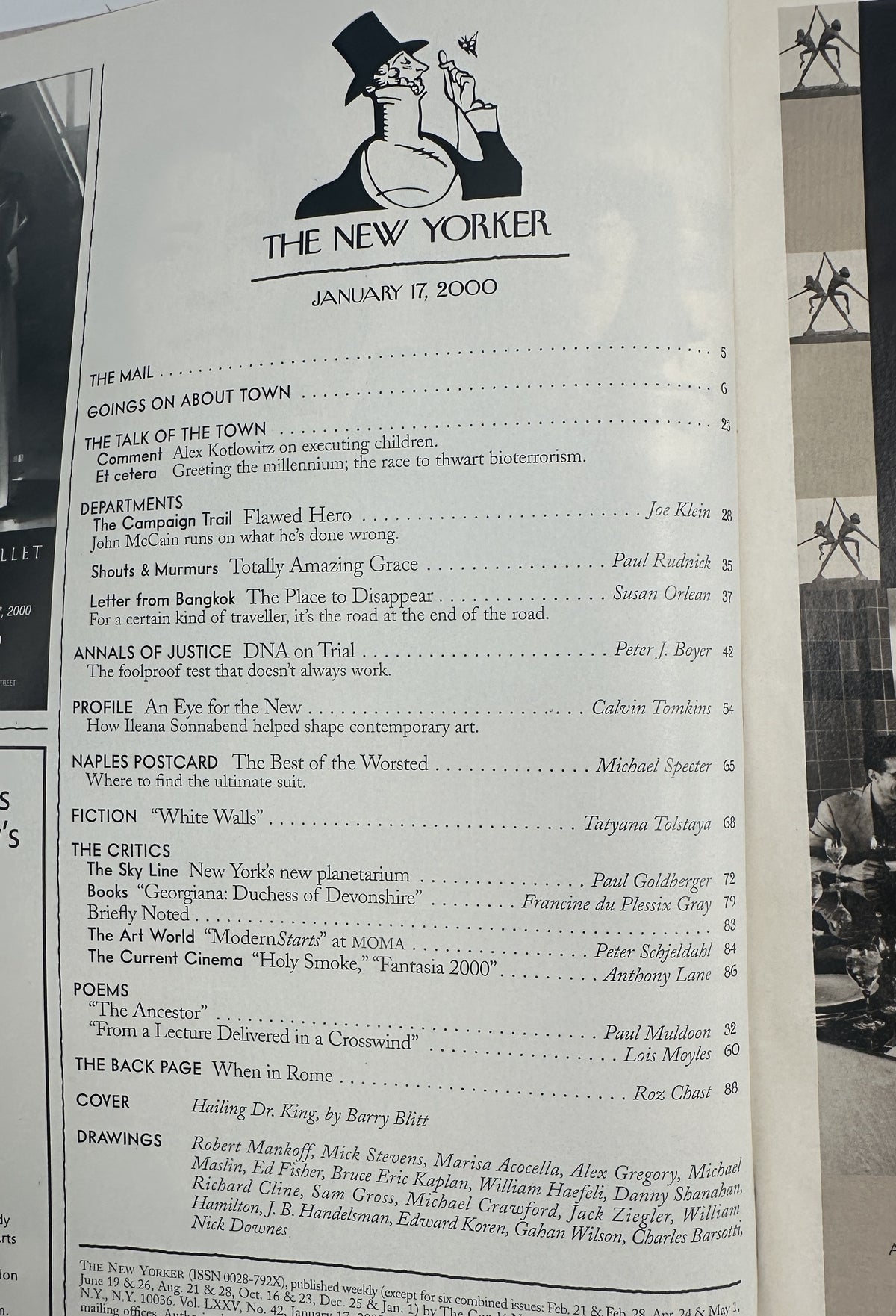 The New Yorker Magazine January 17, 2000 Hailing Dr. King Barry Blitt Cover table of contents page showing featured articles, departments, fiction, poetry, criticism, cover credits, and drawings.