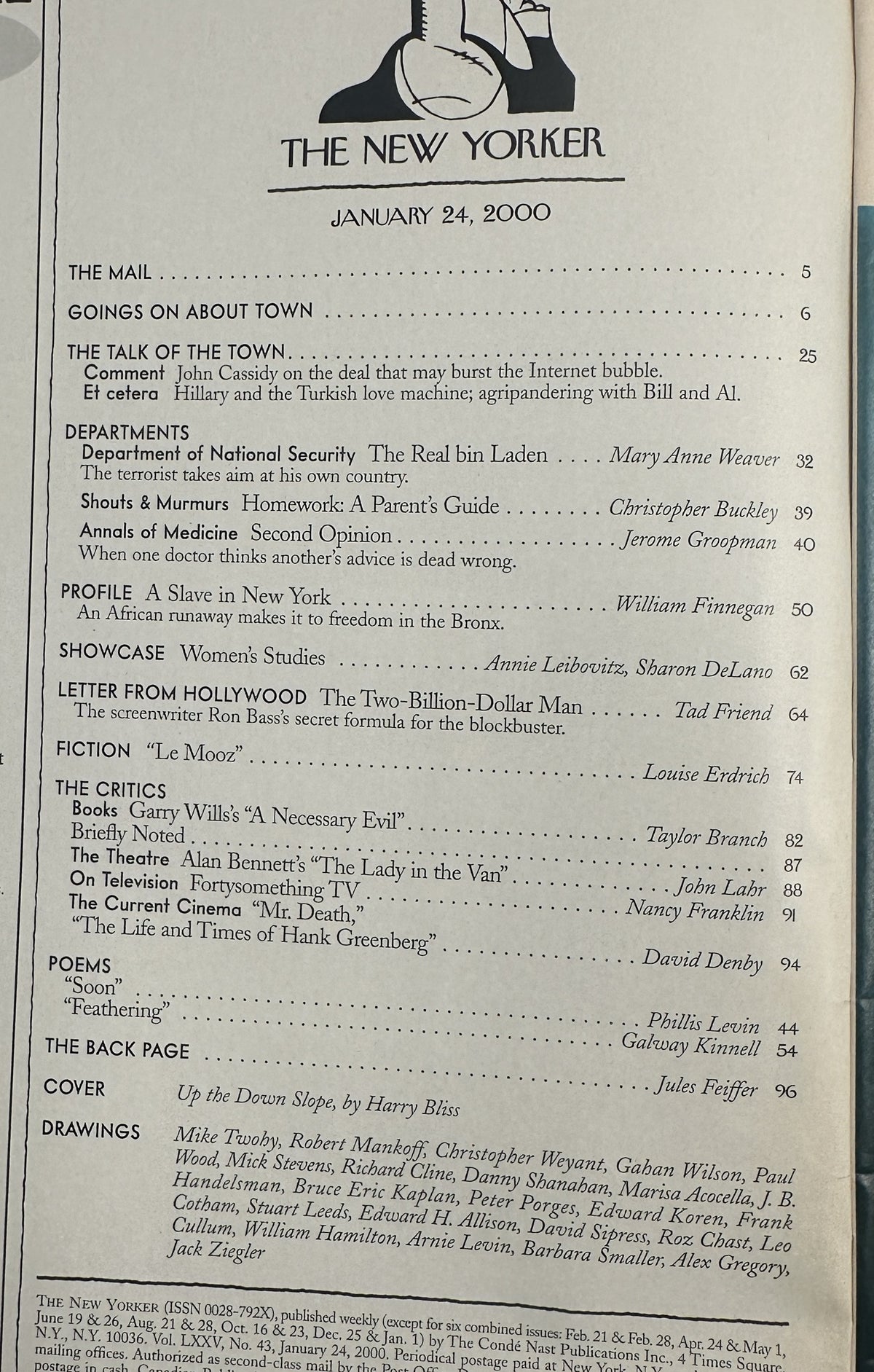 The New Yorker Magazine January 24, 2000 Up the Down Slope Harry Bliss Cover, open to the table of contents page with articles, fiction, poems, reviews, and contributor listings.