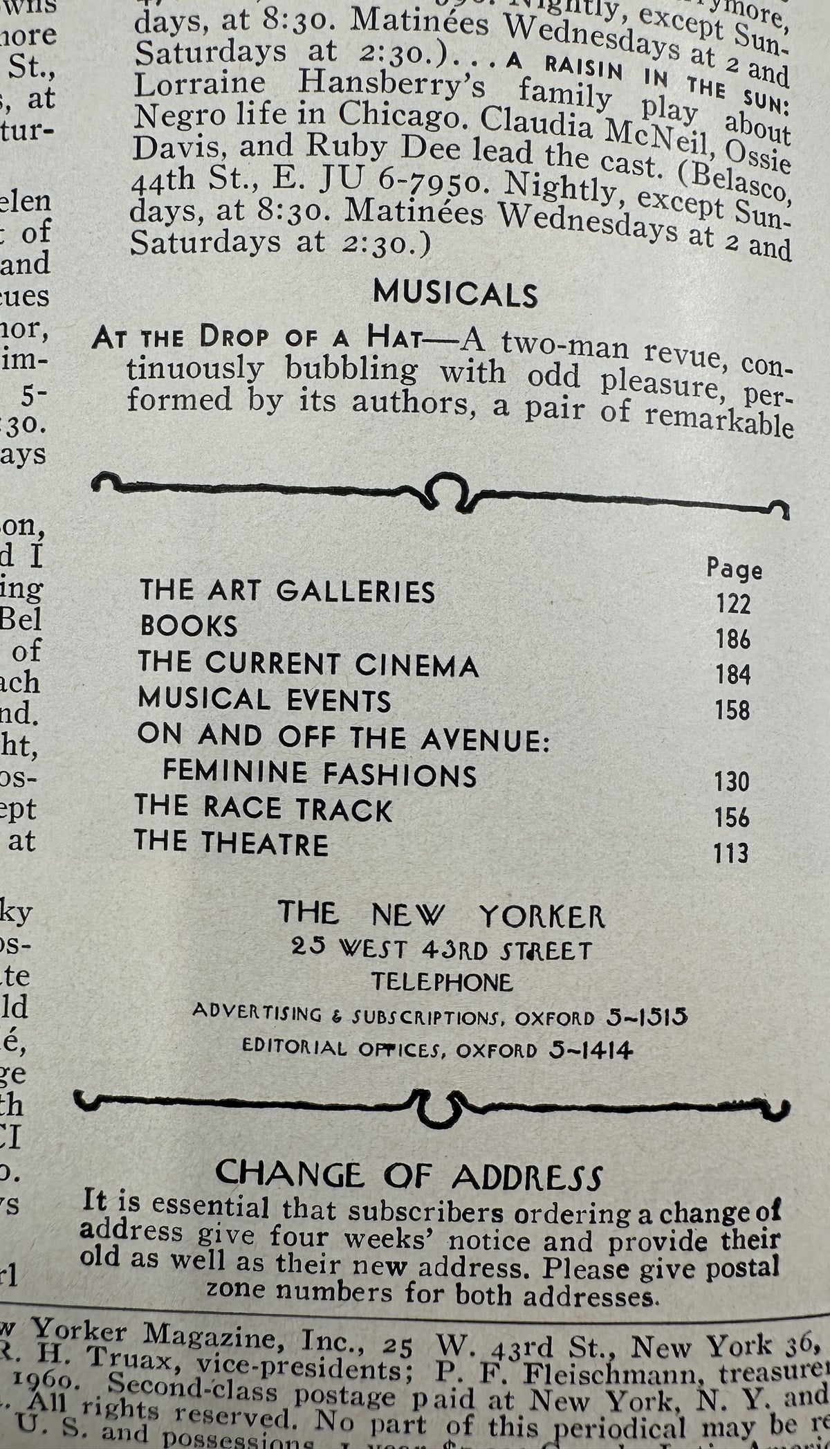 The New Yorker Magazine March 12, 1960 Indoor Golf Target Constantin Aladjalov Cover VG, interior table of contents page listing art galleries, books, cinema, musical events, fashions, horse racing, and theatre.