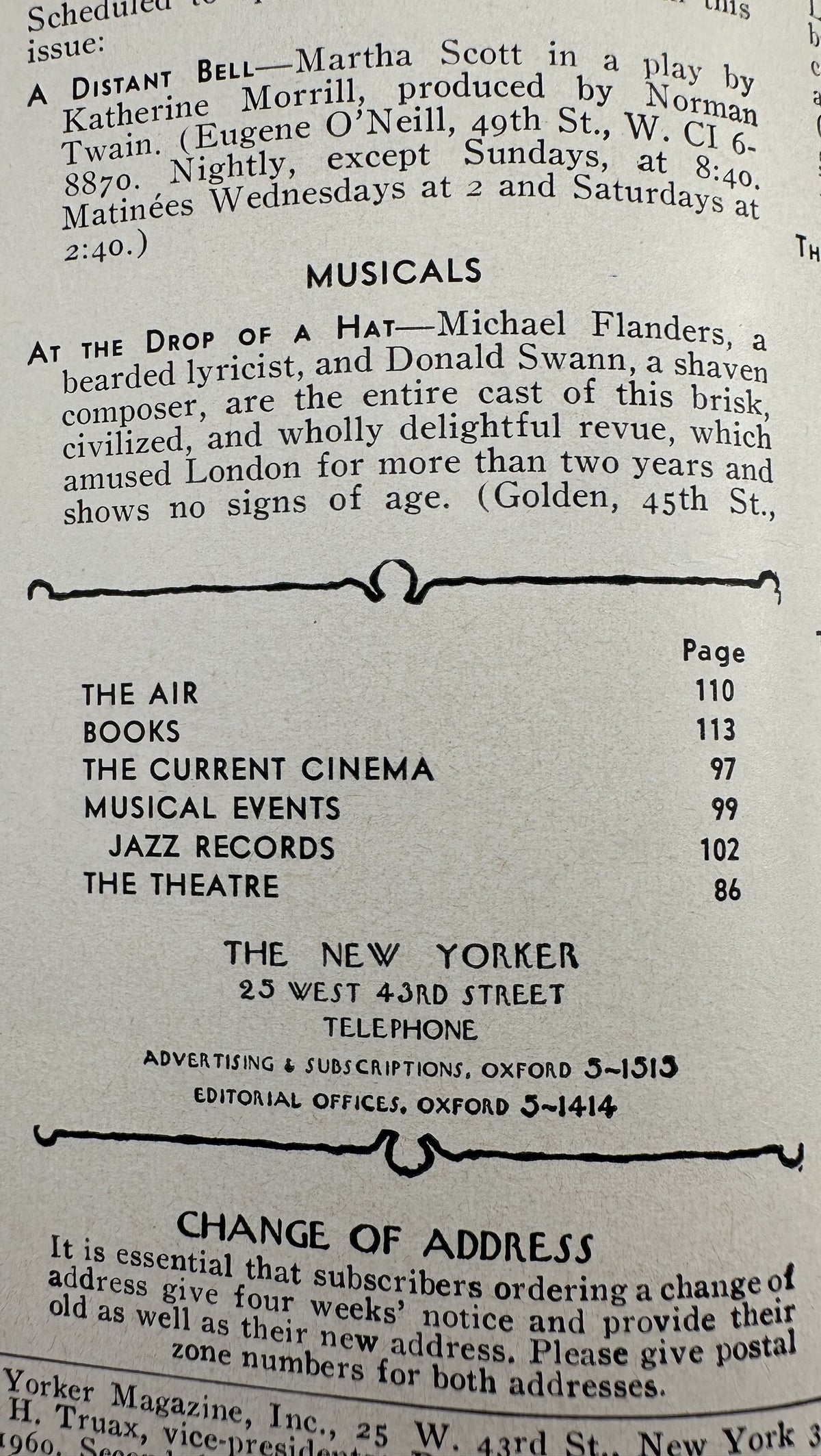 The New Yorker Magazine January 16, 1960 Restaurant Skyline Arthur Getz Cover VG, interior table of contents page listing The Air, Books, Current Cinema, Musical Events, Jazz Records, and The Theatre.