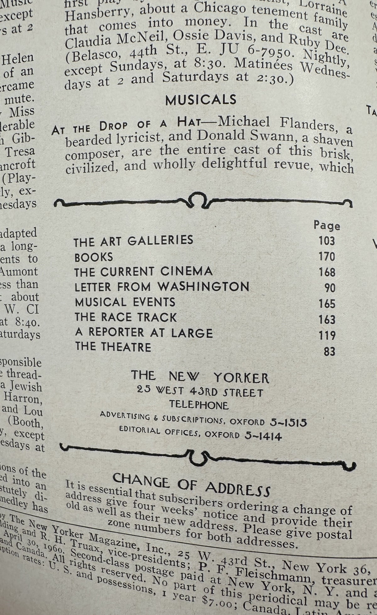 The New Yorker Magazine April 30, 1960 Dark Forest Owls Abe Birnbaum Cover VG, interior page showing the table of contents and magazine departments.