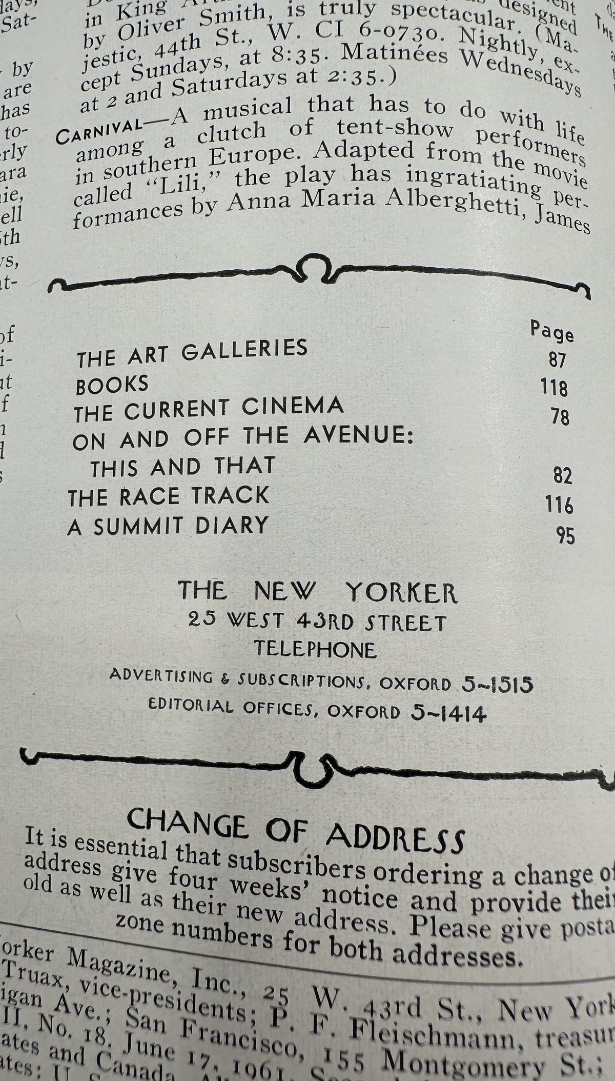 The New Yorker Magazine June 17, 1961 Moving Truck City Street Arthur Getz Cover VG, interior table of contents listing art galleries, books, cinema, avenue features, race track, and summit diary.