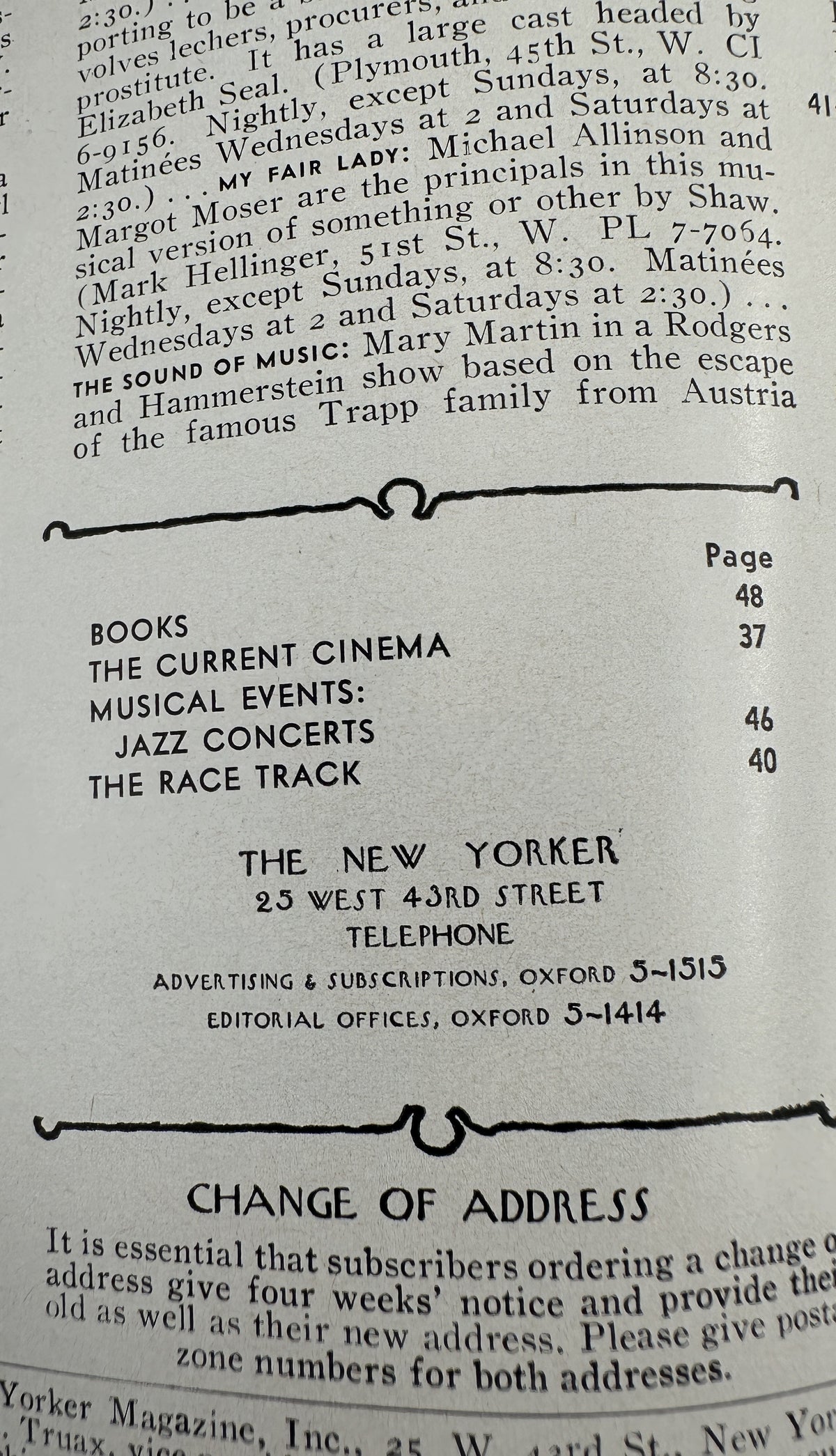 The New Yorker Magazine August 5, 1961 Art Gallery Charles Saxon Cover VG, interior page showing the table of contents with books, current cinema, jazz concerts, and race track listings.