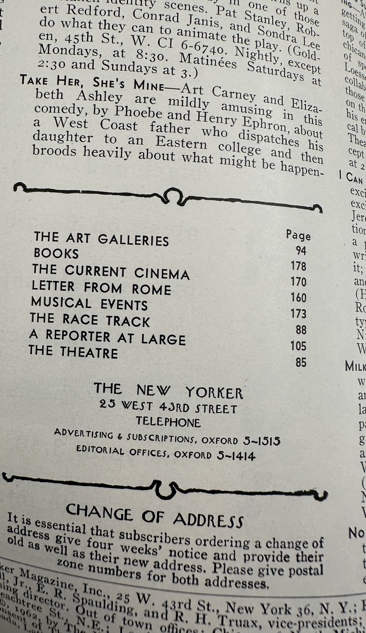 The New Yorker Magazine April 21, 1962 Folk Art Textile Anatol Kovarsky Cover VG, showing the table of contents and magazine publisher information page.