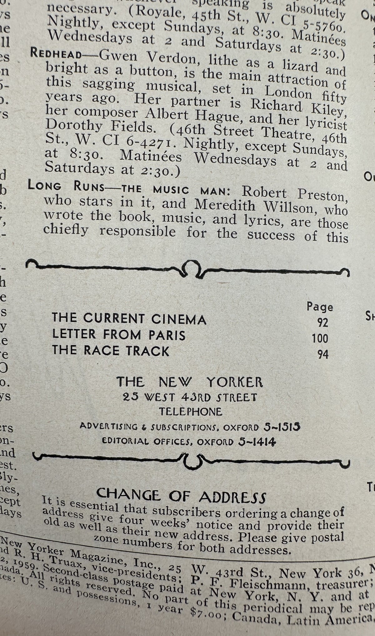 The New Yorker Magazine August 22, 1959 Golfer Graveyard Whitney Darrow, Jr. Cover interior page showing the table of contents with The Current Cinema, Letter from Paris, and The Race Track