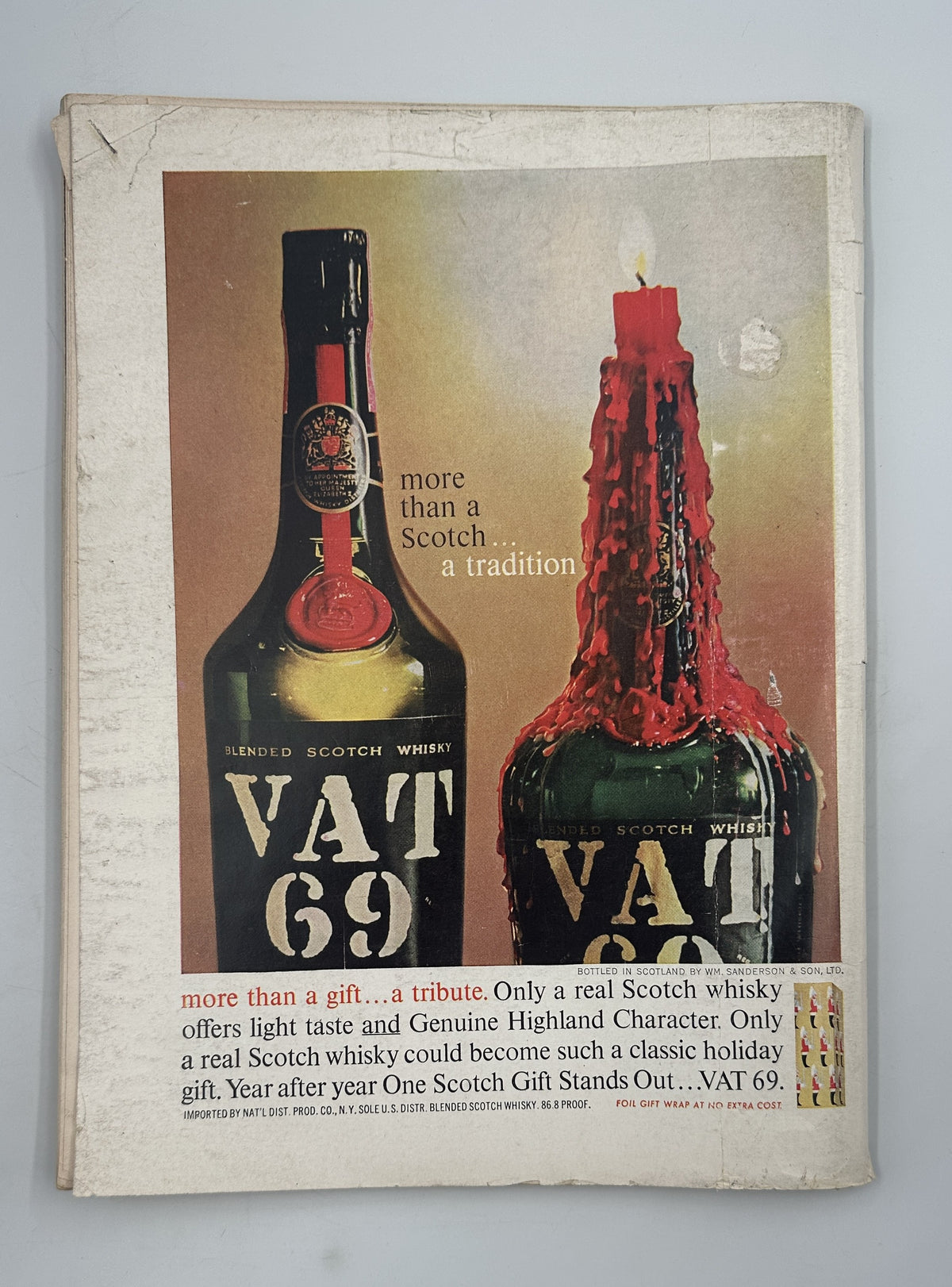 The New Yorker Magazine November 18, 1961 Rainy Football Game Abe Birnbaum Cover back cover featuring a vintage VAT 69 Scotch whisky advertisement with a bottle and red candle.