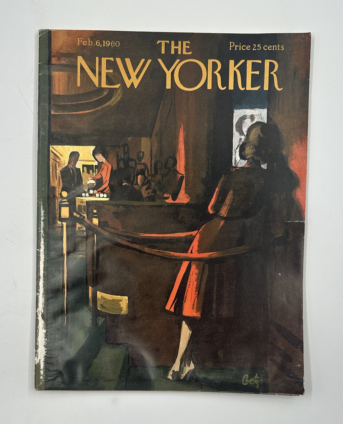 The New Yorker Magazine February 6, 1960 Dim Restaurant Interior Arthur Getz Cover, featuring a woman in a dark restaurant interior illustration.