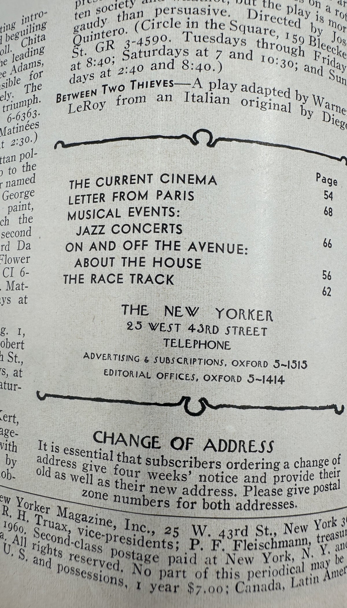 The New Yorker Magazine July 30, 1960 Woodland Mailbox Satyr Charles Addams Cover, showing the issue's table of contents and publication information.