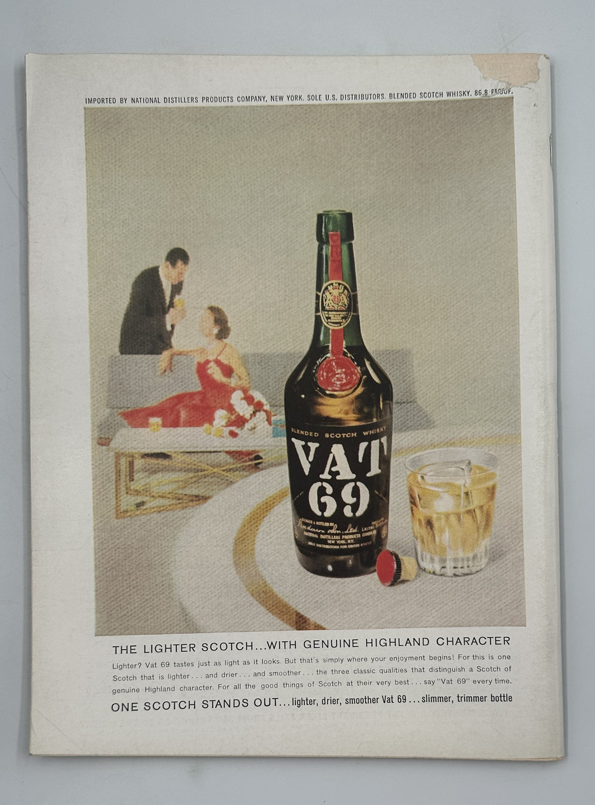 The New Yorker Magazine April 9, 1960 Chefs Kitchen Copper Pot Abe Birnbaum Cover, featuring a vintage Vat 69 Scotch whisky advertisement with a bottle, glass, and seated couple.