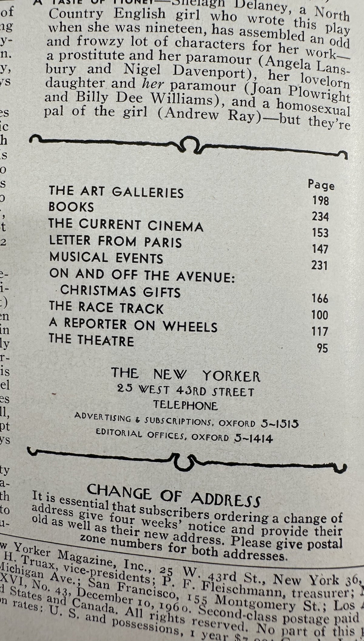 The New Yorker Magazine December 10, 1960 Ballroom Dance Party Robert Kraus Cover, interior table of contents and Change of Address page