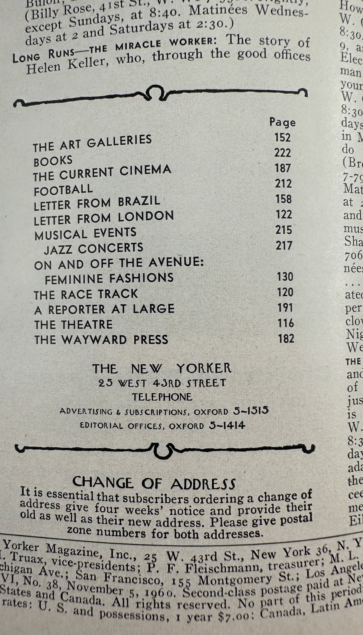The New Yorker Magazine November 5, 1960 Animal Voting Booth Charles Martin Cover, interior table of contents page listing articles including The Art Galleries, Books, Football, Musical Events, and The Theatre.