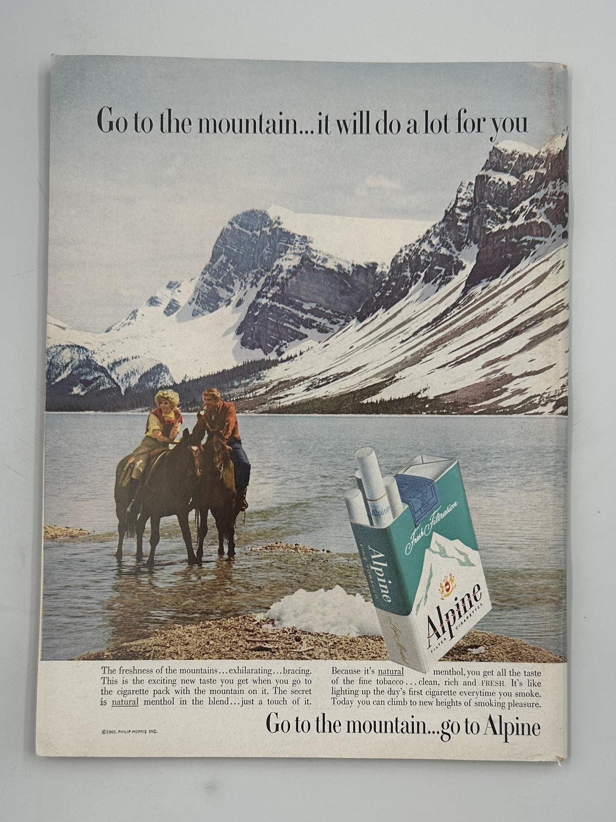 The New Yorker Magazine November 5, 1960 Animal Voting Booth Charles Martin Cover, vintage Alpine cigarette advertisement showing two horseback riders beside a mountain lake and snow-covered peaks.