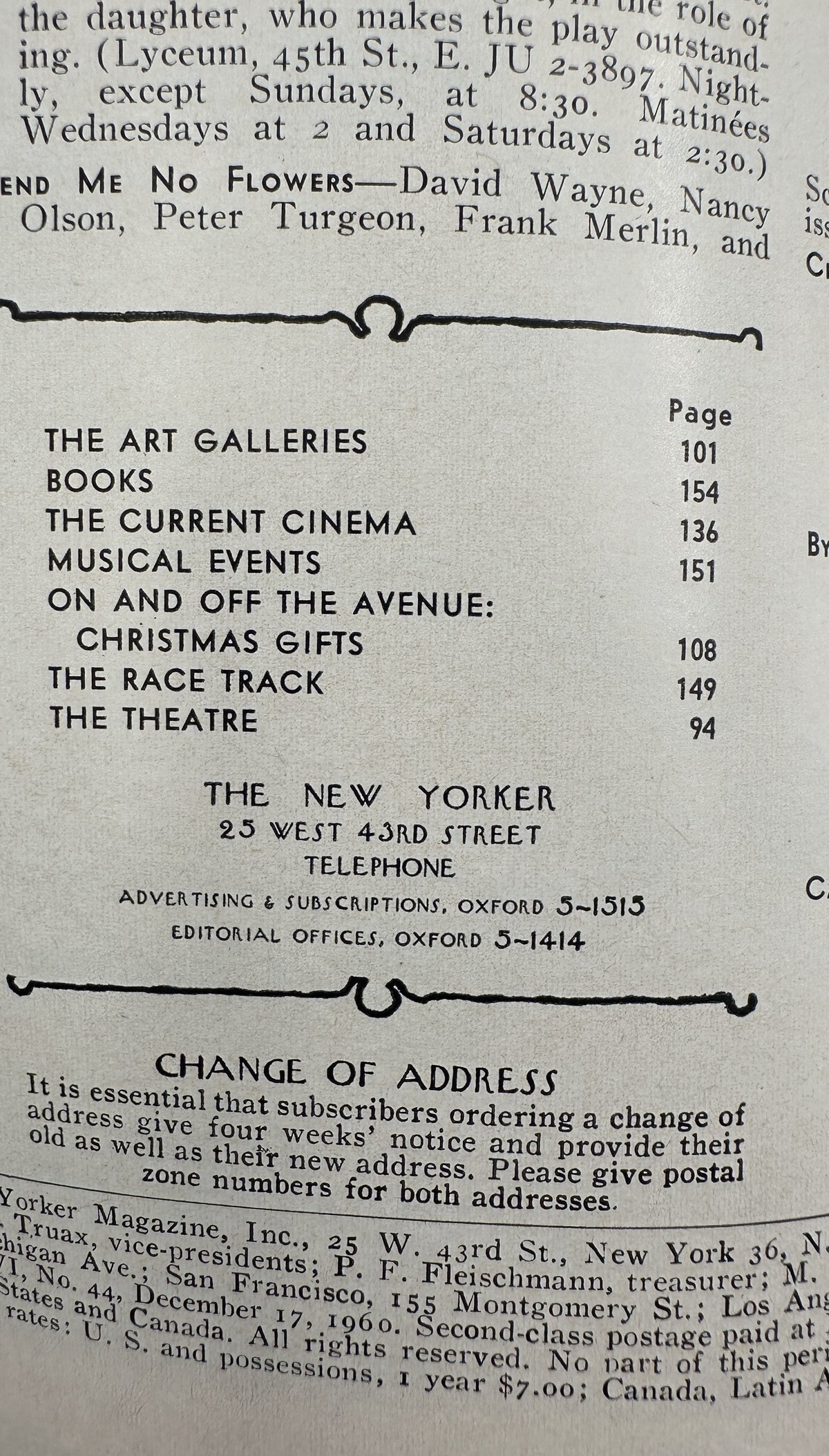 The New Yorker Magazine December 17, 1960 Christmas Cards Beatrice Szanton Cover, interior table of contents page listing art galleries, books, cinema, musical events, Christmas gifts, horse racing, and theatre.