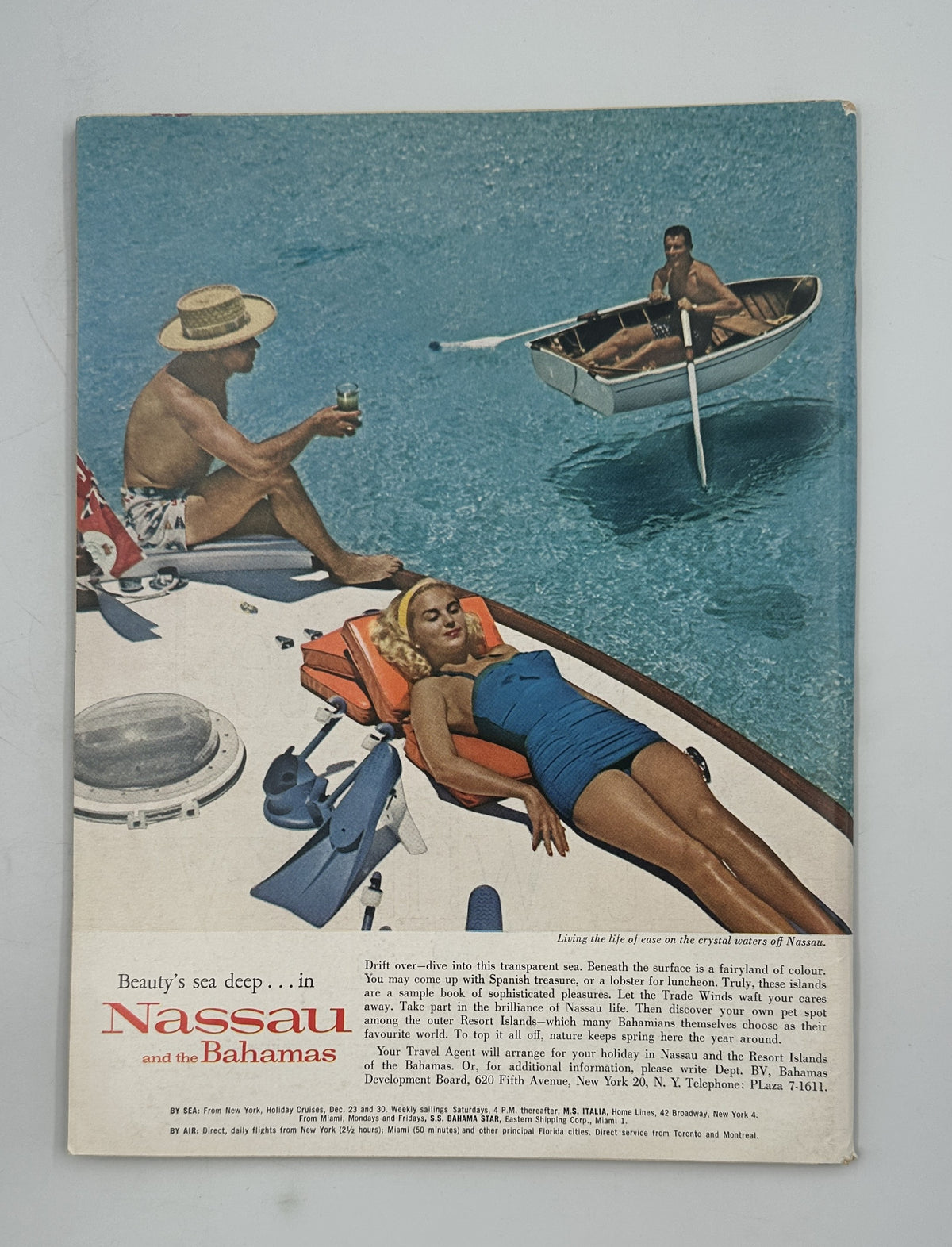 The New Yorker Magazine December 17, 1960 Christmas Cards Beatrice Szanton Cover, vintage back cover advertisement for Nassau in the Bahamas showing swimmers and a boat at sea.