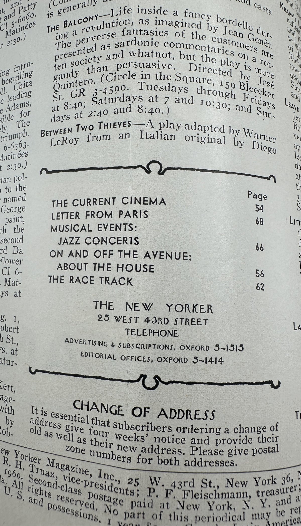 The New Yorker Magazine July 30, 1960 Woodland Mailbox Satyr Charles Addams Cover table of contents page featuring The Current Cinema, Letter from Paris, Jazz Concerts, About the House, and The Race Track.