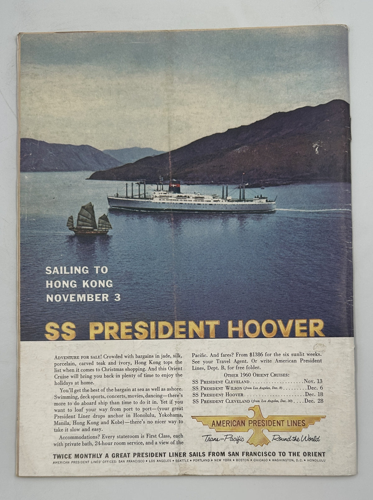 The New Yorker Magazine July 30, 1960 Woodland Mailbox Satyr Charles Addams Cover listing for an SS President Hoover sailing to Hong Kong on November 3, featuring an ocean liner and American President Lines advertisement.