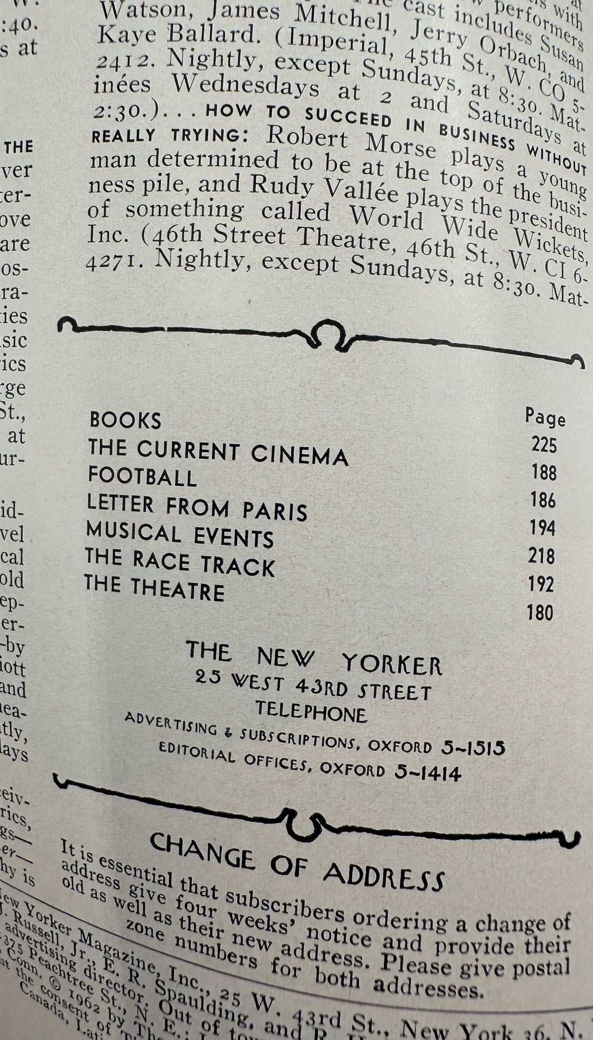 The New Yorker Magazine October 13, 1962 Football Players Rain Perry Barlow Cover, showing the magazine table of contents with features including Football, Books, Cinema, and Musical Events.