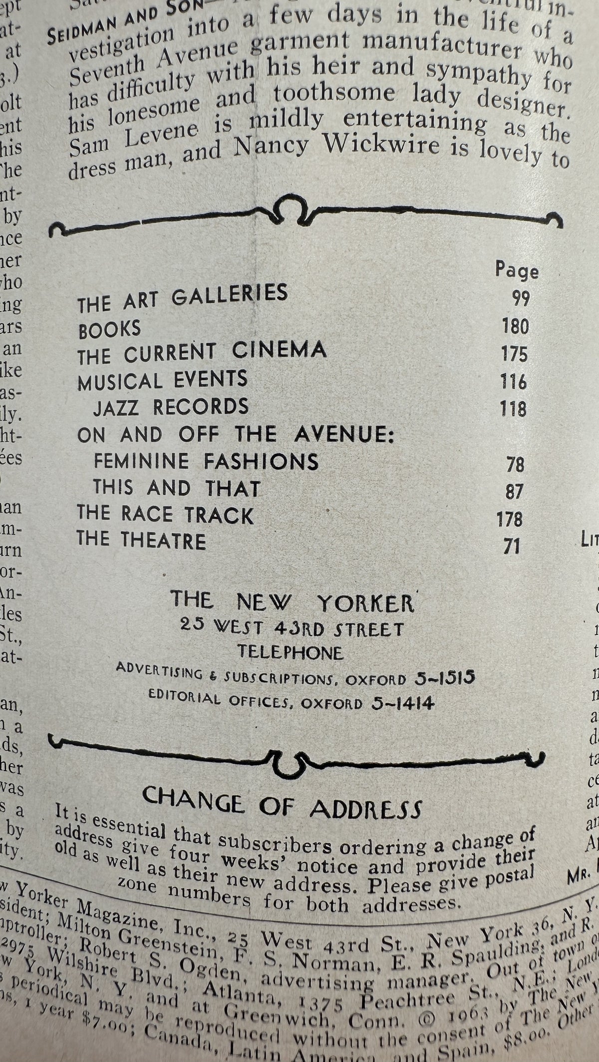 The New Yorker Magazine April 6, 1963 Picture Frame Shop Anatol Kovarsky Cover showing the table of contents page with listings for art galleries, books, current cinema, musical events, jazz records, feminine fashions, the race track, and theatre.