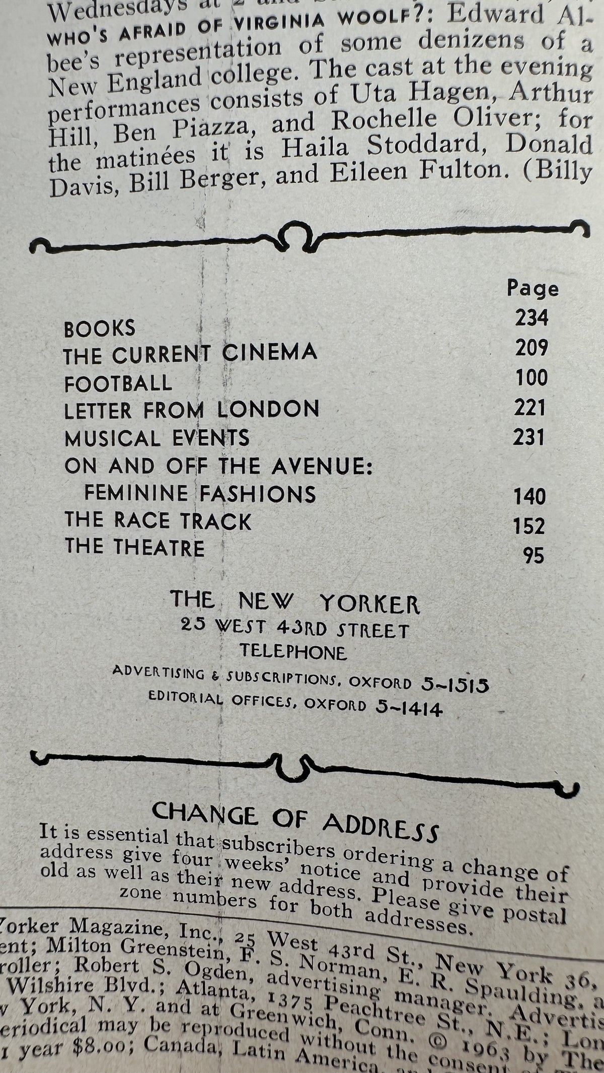 The New Yorker Magazine November 9, 1963 Football Referees Charles Martin Cover, interior contents page listing football, books, cinema, fashions, theater, and other articles.