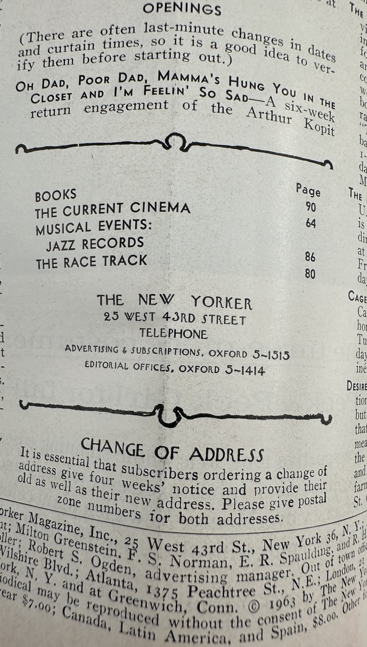 The New Yorker Magazine August 24, 1963 Park Painter William Steig Cover shown open to the contents and openings page listing Books, The Current Cinema, Musical Events, Jazz Records, and The Race Track.