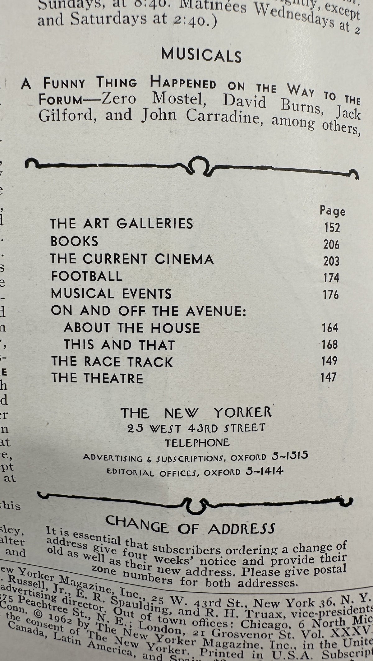 The New Yorker Magazine October 27, 1962 Stage Curtain Abe Birnbaum Cover, showing the printed table of contents with listings for art galleries, books, cinema, football, musical events, theater, and other features.