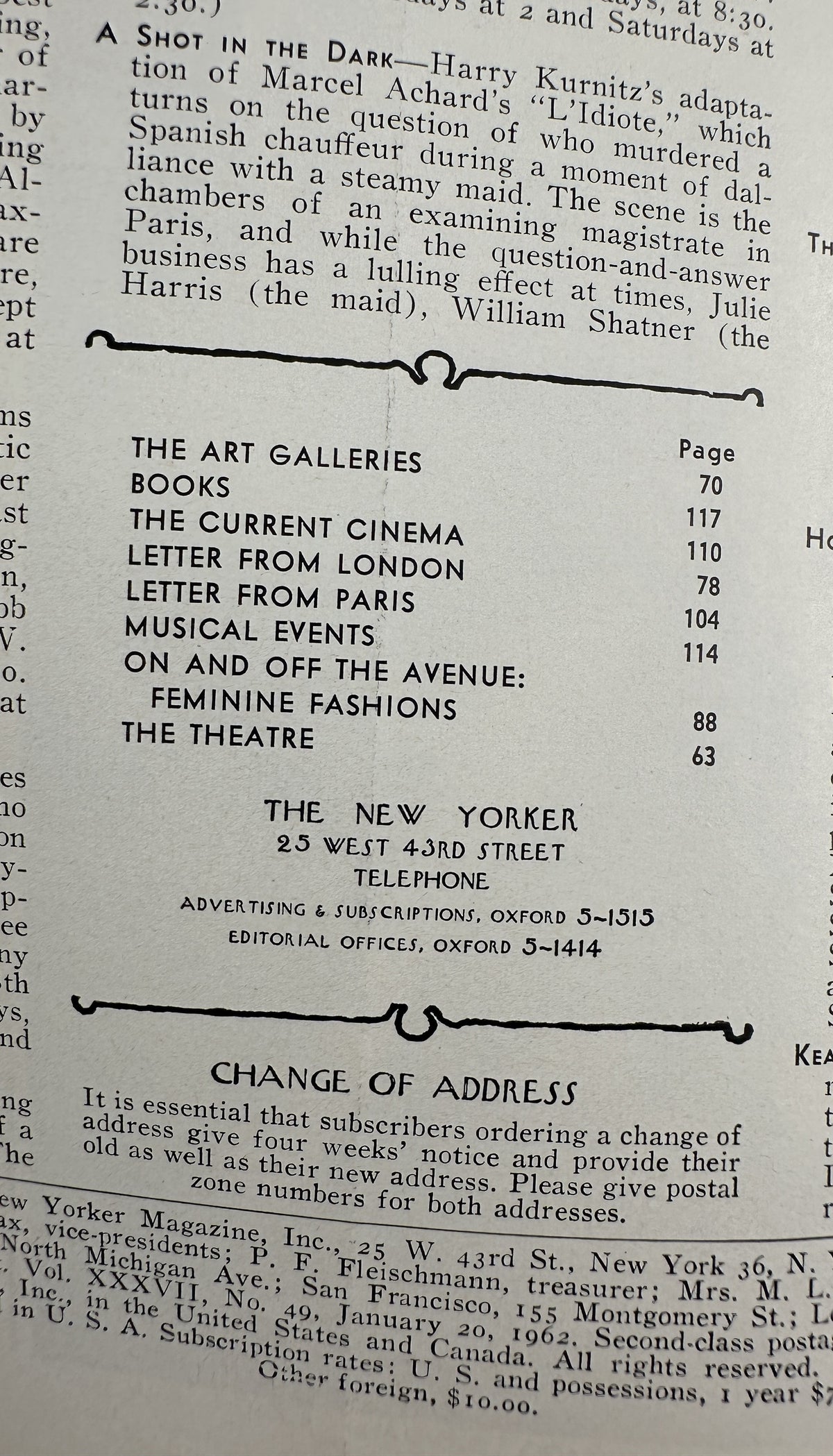 The New Yorker Magazine January 20, 1962 Ballet Dancers Stage Arthur Getz Cover showing the printed table of contents with sections on art galleries, books, cinema, fashion, music, and theatre