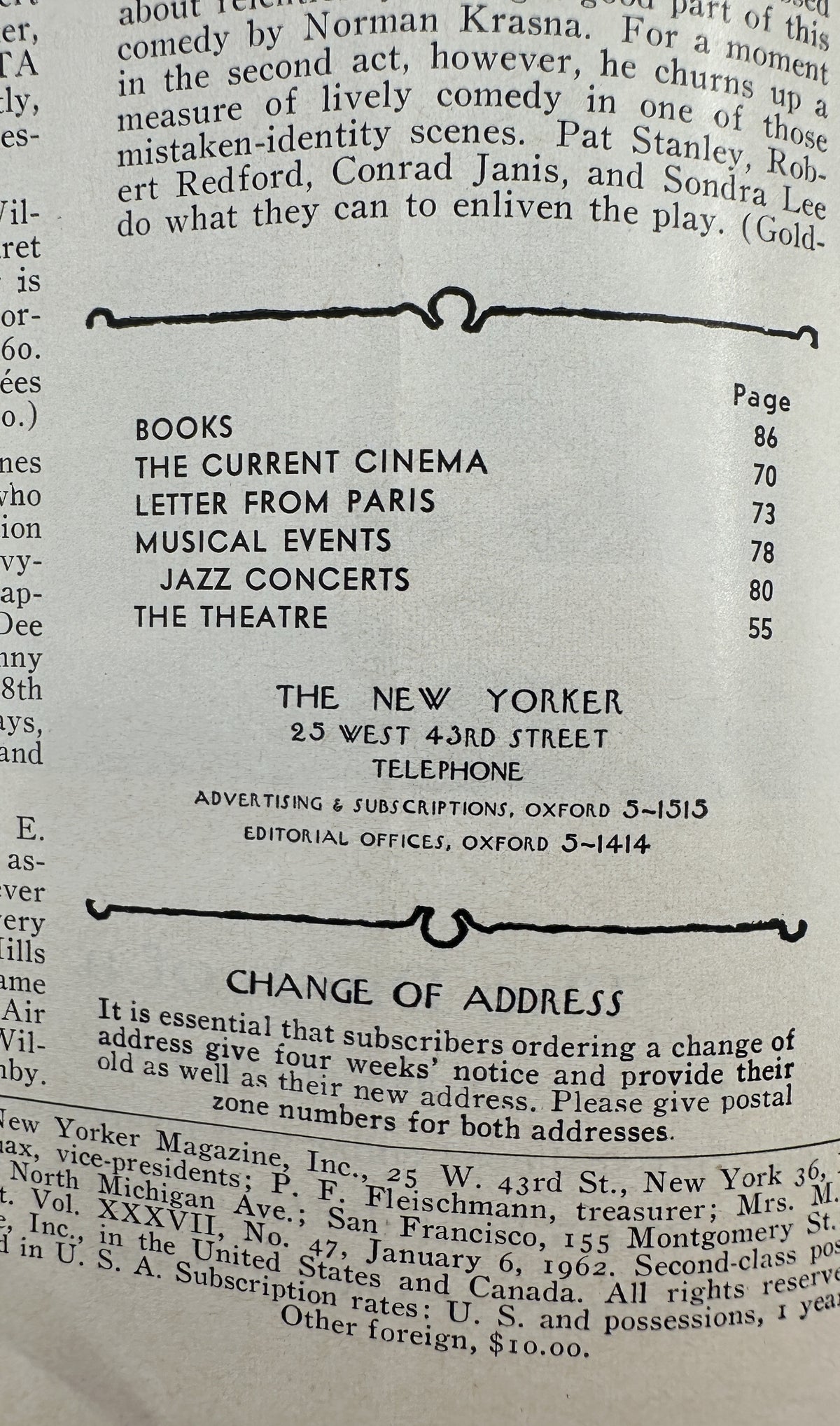The New Yorker Magazine January 6, 1962 Snowy Polo Field Horse James Stevenson Cover interior table of contents page, listing Books, The Current Cinema, Letter from Paris, Musical Events, Jazz Concerts, and The Theatre.