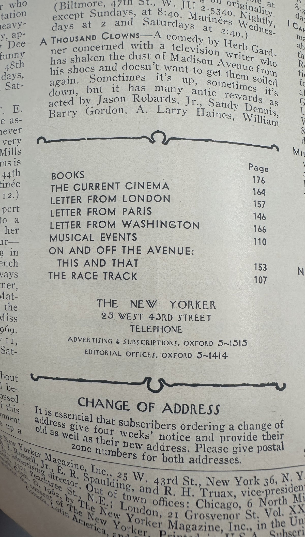 The New Yorker Magazine May 12, 1962 Harness Racing Track Garrett Price Cover showing the magazine table of contents and change of address notice.