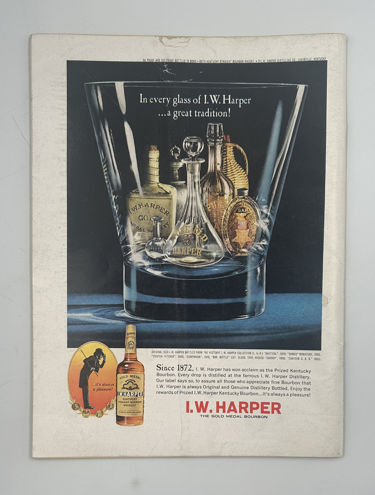 The New Yorker Magazine August 17, 1963 Yellow Lake Red Boat Abe Birnbaum Cover featuring a vintage I.W. Harper whiskey advertisement with bourbon bottles and a glass on a blue and black background