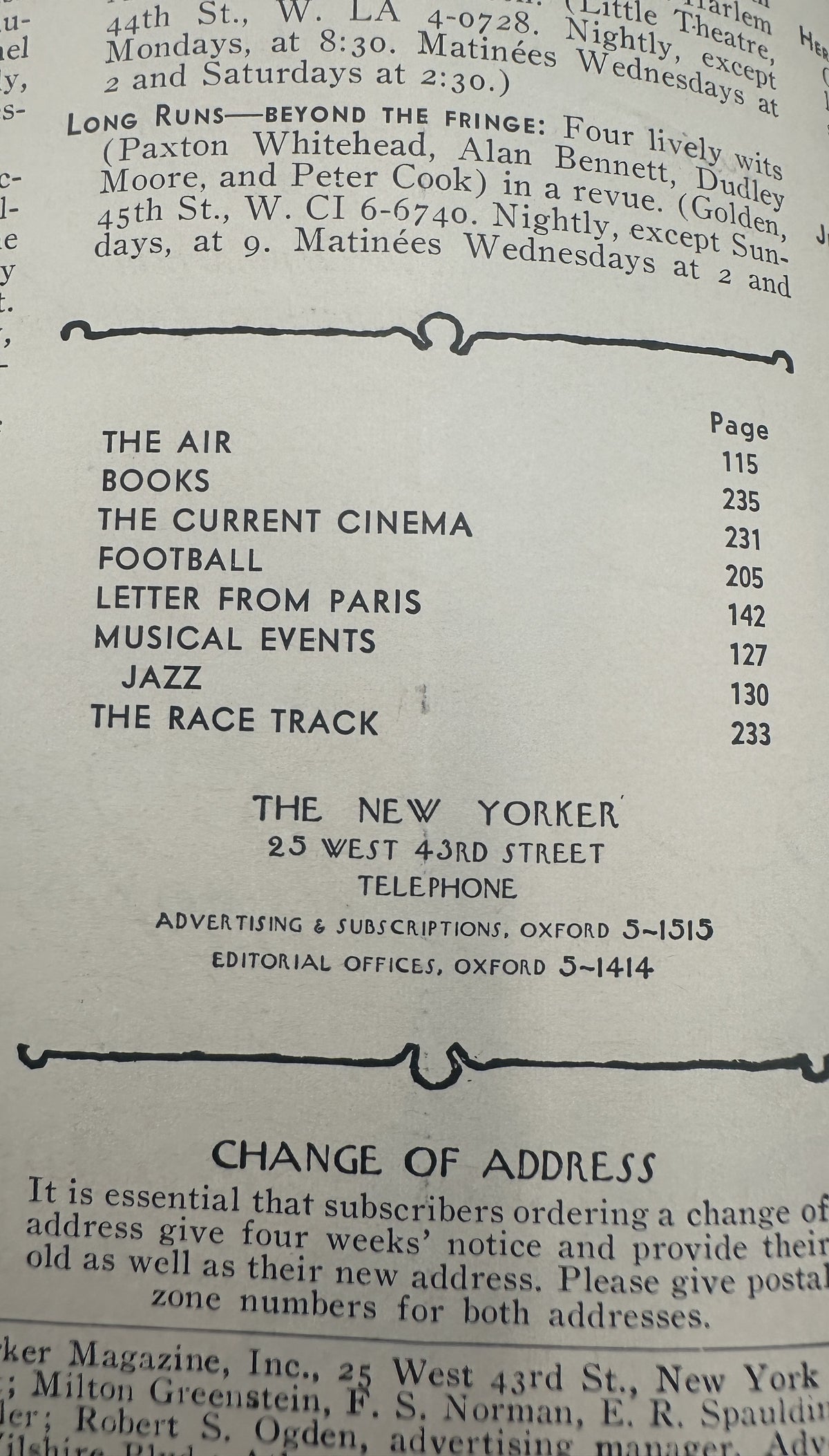 The New Yorker Magazine November 16, 1963 Rug Market Anatol Kovarsky Cover, interior table of contents and address change page listing features including The Air, Books, The Current Cinema, Football, Jazz, and The Race Track