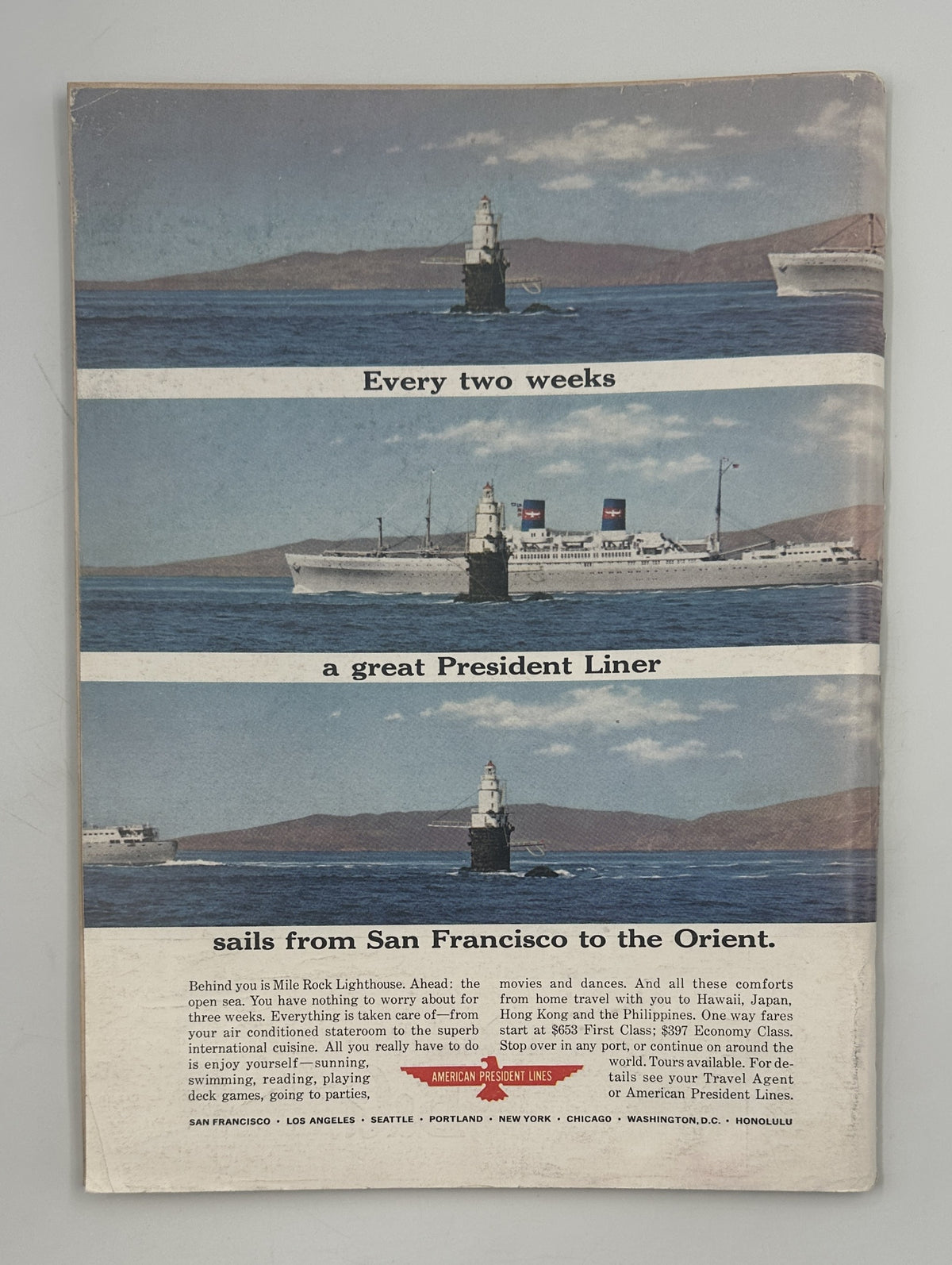 The New Yorker Magazine May 23, 1964 Park Bench William Steig Cover VG, showing the vintage back-cover President Liner advertisement featuring ships sailing from San Francisco to the Orient.