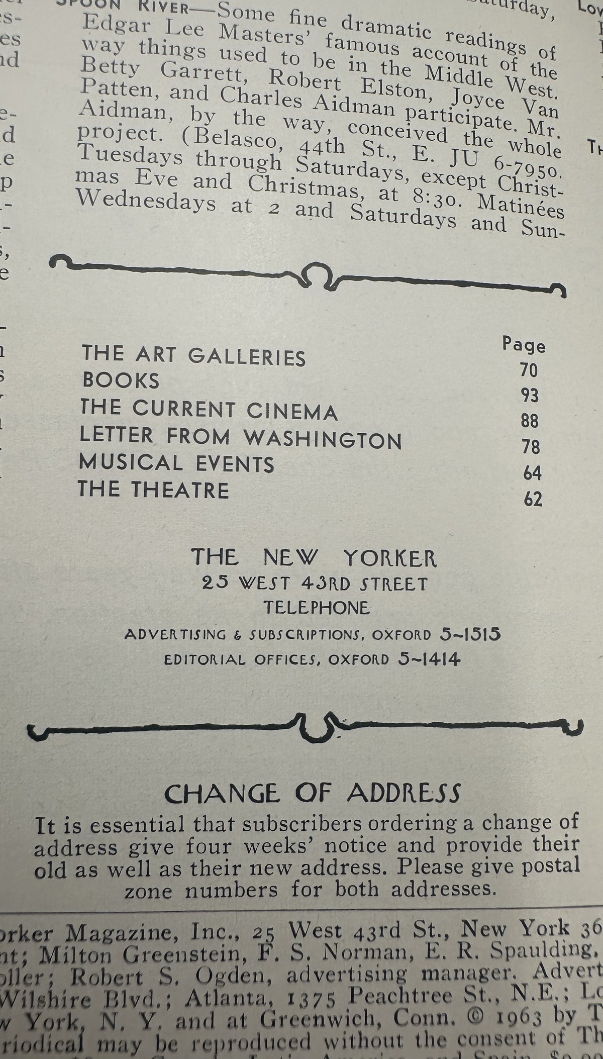 The New Yorker Magazine December 21, 1963 Christmas Carolers Charles Addams Cover VG, table of contents page listing The Art Galleries, Books, Current Cinema, Letter from Washington, Musical Events, and The Theatre.