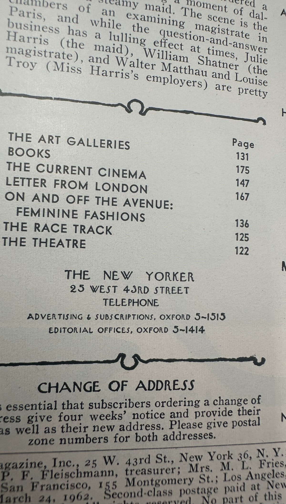 The New Yorker Magazine March 24, 1962 Bowling Theme Garrett Price Cover VG, showing the printed table of contents with sections for art galleries, books, cinema, fashion, racing, and theatre.
