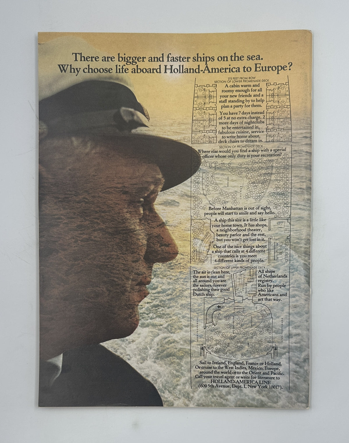 The New Yorker Magazine June 10, 1967 Graduation Fire Hydrant Perry Barlow Cover VG interior advertisement page showing a profile silhouette over an ocean scene with Holland-America travel ship text