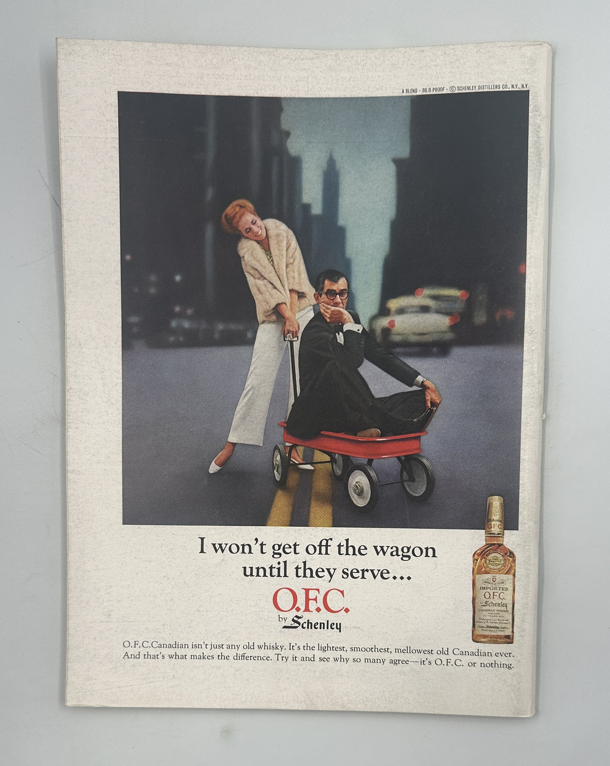 The New Yorker Magazine April 8, 1967 Rainy Butcher William Steig Cover VG, featuring an O.F.C. Schenley whiskey advertisement with two people on a wagon in a city street.