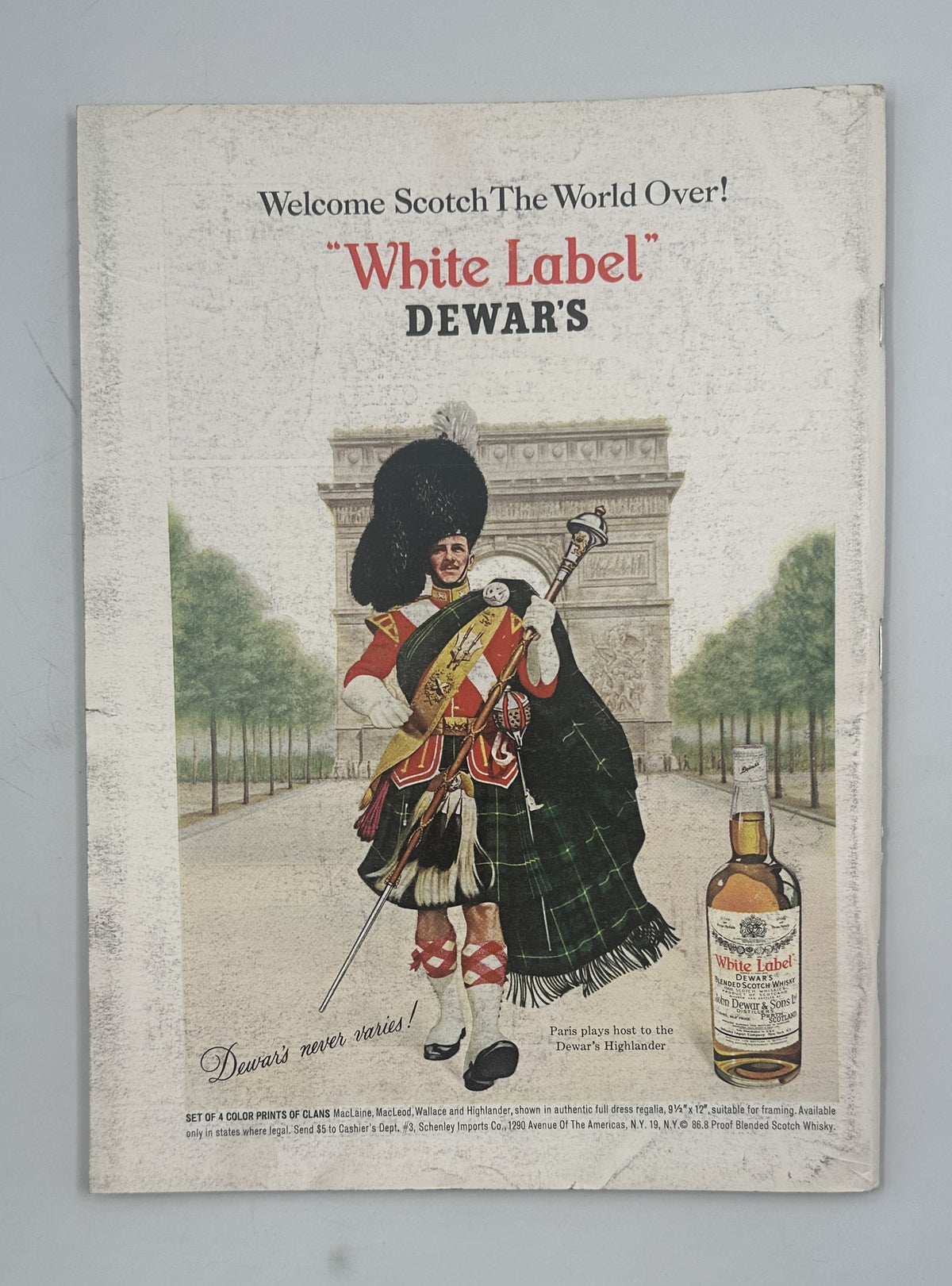 The New Yorker Magazine February 11, 1967 Valentine Hearts Anatol Kovarsky Cover VG, featuring a vintage Dewar's White Label Scotch whisky advertisement with a Scottish bagpiper in front of the Arc de Triomphe