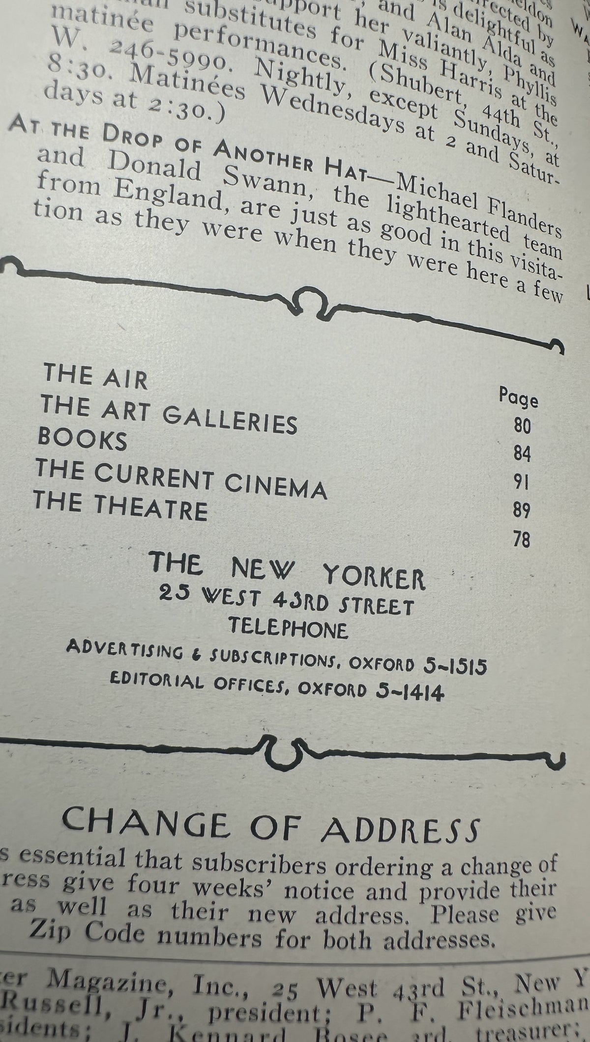 The New Yorker Magazine January 7, 1967 Snowflake Art Laura Jean Allen Cover VG, interior table of contents page listing The Air, The Art Galleries, Books, The Current Cinema, and The Theatre.