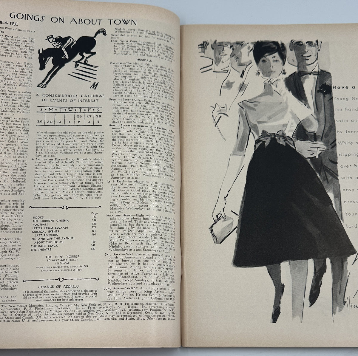 The New Yorker Magazine October 28, 1961 Black Cat Owl Anatol Kovarsky Cover shown open to an interior editorial spread with Going On About Town listings and a black-and-white fashion illustration.
