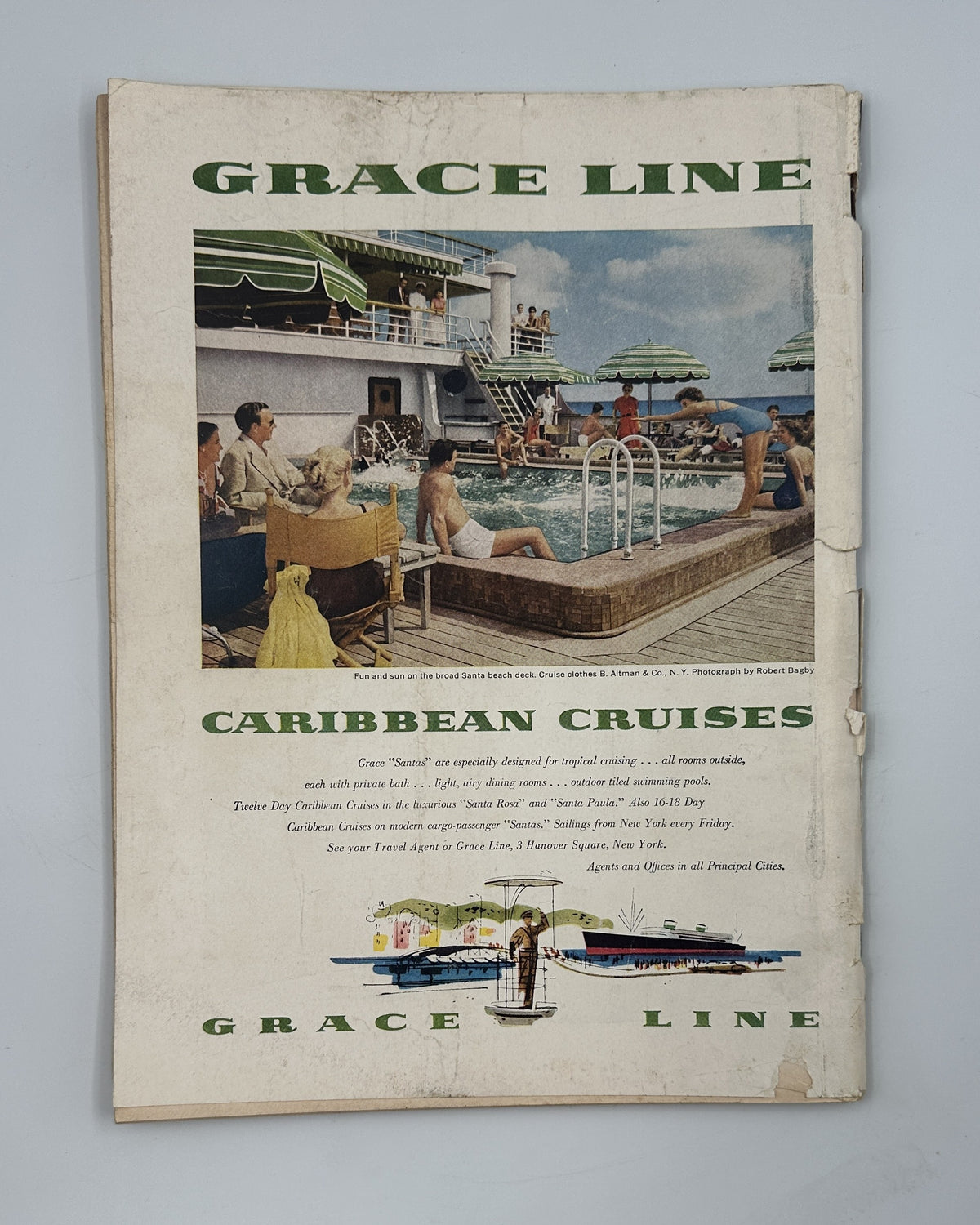 The New Yorker Magazine December 10, 1955 Christmas Trees Night Daniel Brustlein Cover displayed with the full vintage Grace Line Caribbean cruises back cover advertisement.