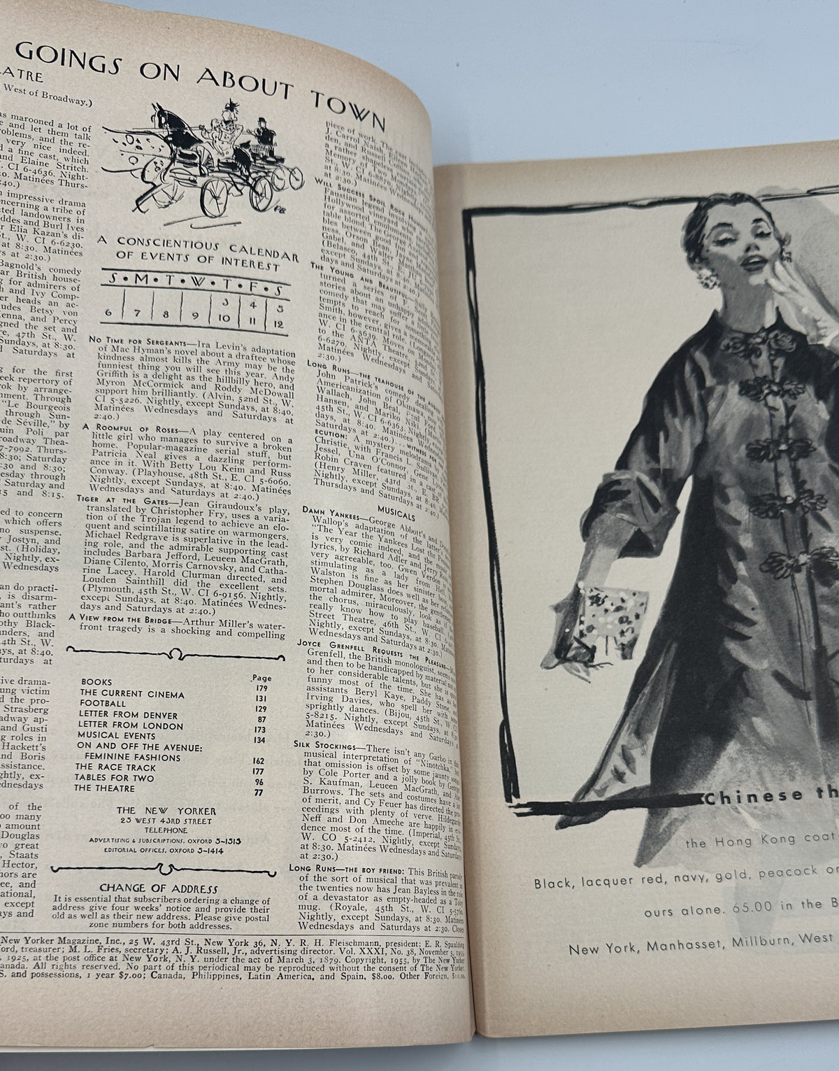 The New Yorker Magazine November 5, 1955 Apple Tree Roger Duvoisin Cover interior spread featuring the Going Ons About Town listings, illustrated fashion advertisement, and vintage magazine typography