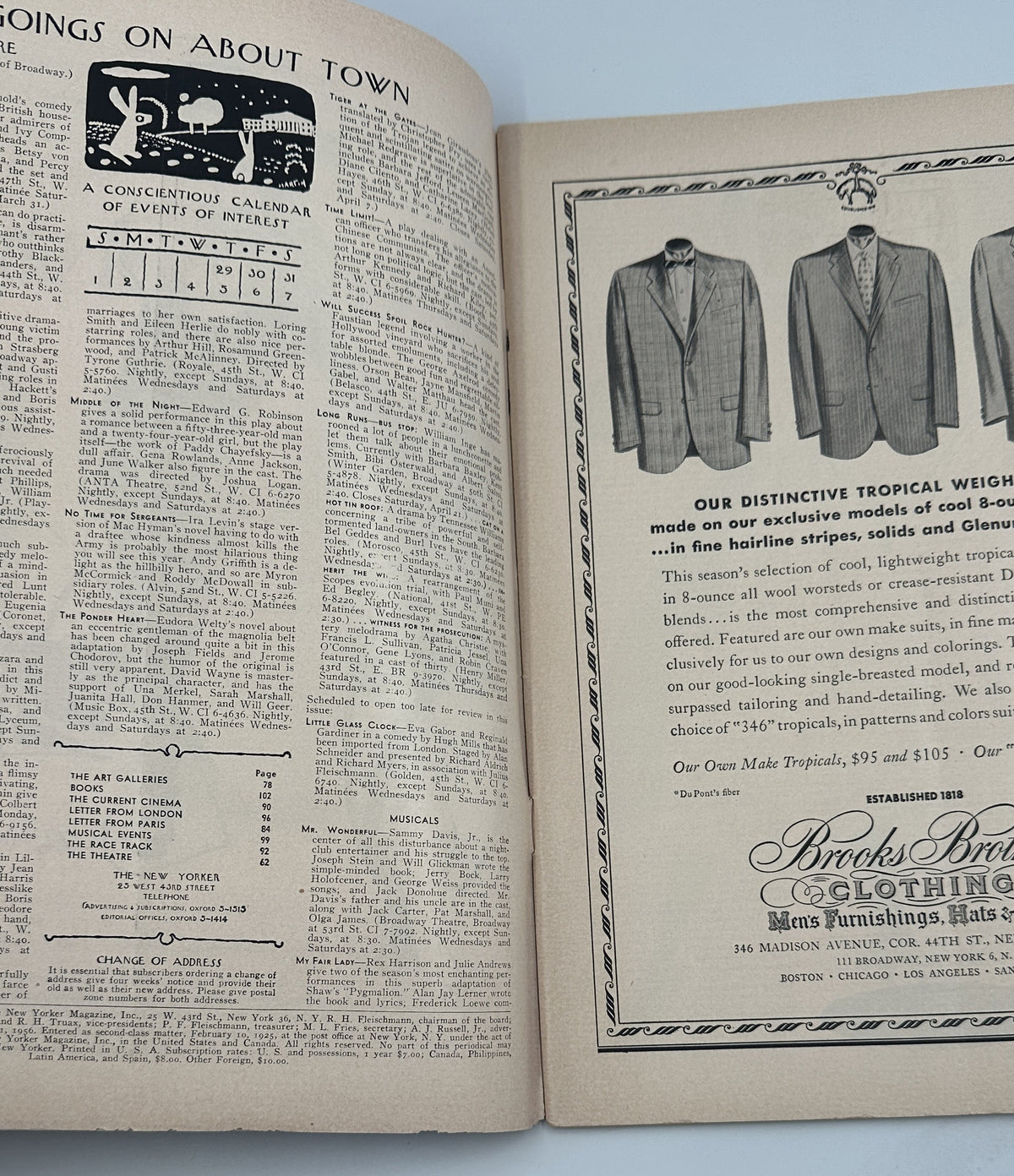 The New Yorker Magazine March 31, 1956 Rainy Bus Stop Hatboxes Christina Malman Cover, opened to an interior page with Going On About Town listings and a Brooks Brothers clothing advertisement.