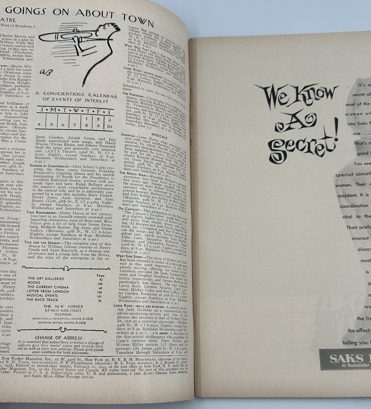 The New Yorker Magazine May 3, 1958 Park Fountain Ilonka Karasz Cover VG, open to an interior spread featuring the "Goings On About Town" listings and a vintage "We Know a Secret" advertisement