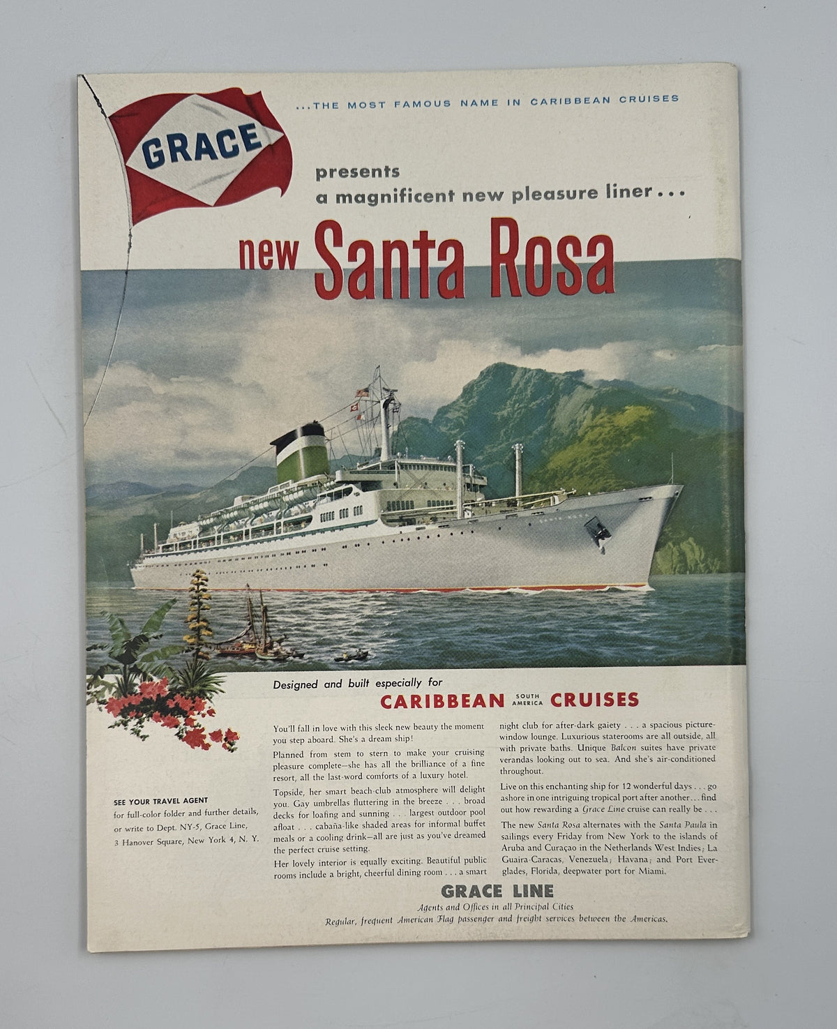 The New Yorker Magazine May 3, 1958 Park Fountain Ilonka Karasz Cover VG, interior Grace Line Caribbean cruises advertisement featuring the SS Santa Rosa ocean liner