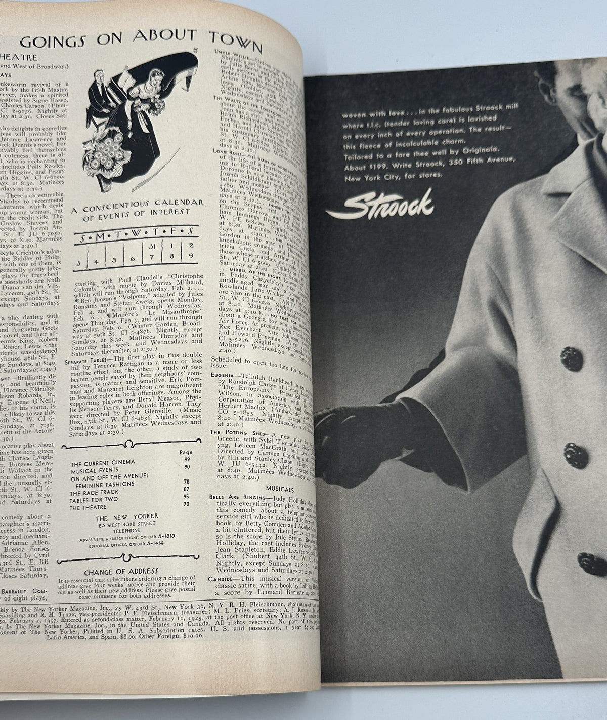 The New Yorker Magazine February 2, 1957 Snow Skiing Mountain Charles Addams Cover interior spread showing the Going On About Town listings, calendar, and a vintage Stroock clothing advertisement.