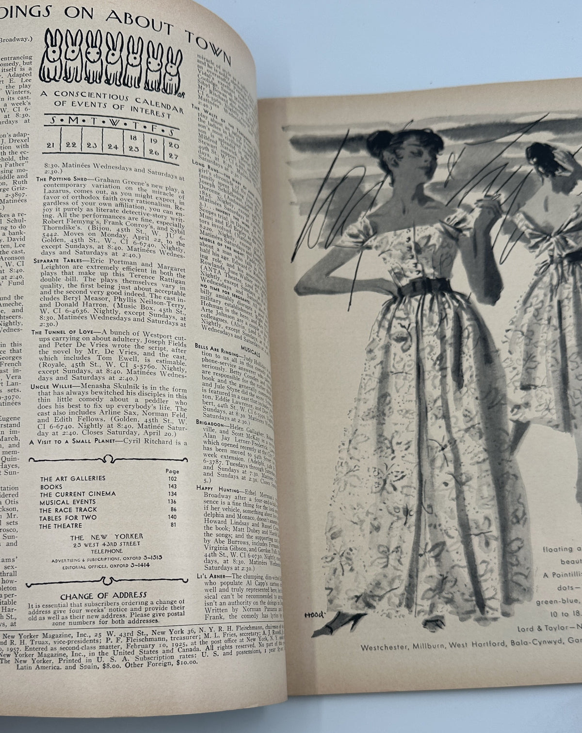 The New Yorker Magazine April 20, 1957 Tropical Flower Field Cyclists Edna Eicke Cover, open interior pages showing a fashion illustration of women in floral dresses and magazine text.