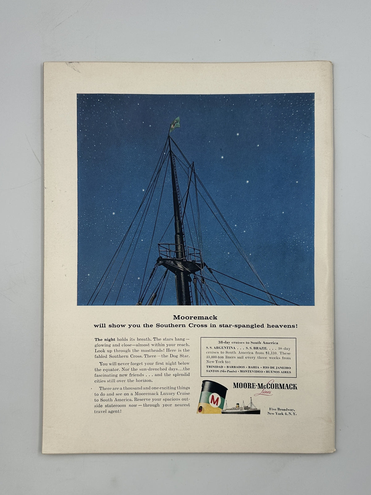 The New Yorker Magazine March 9, 1957 Windy Clouds Abe Birnbaum Cover Art VG, interior page showing a vintage illustrated ocean liner mast and maritime advertisement.