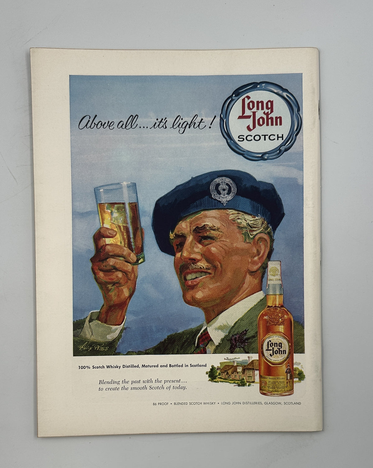 The New Yorker Magazine February 21, 1959 Top Hat Butterfly Rea Irvin Cover Art interior vintage Long John Scotch whiskey advertisement showing a uniformed man raising a glass beside a bottle.